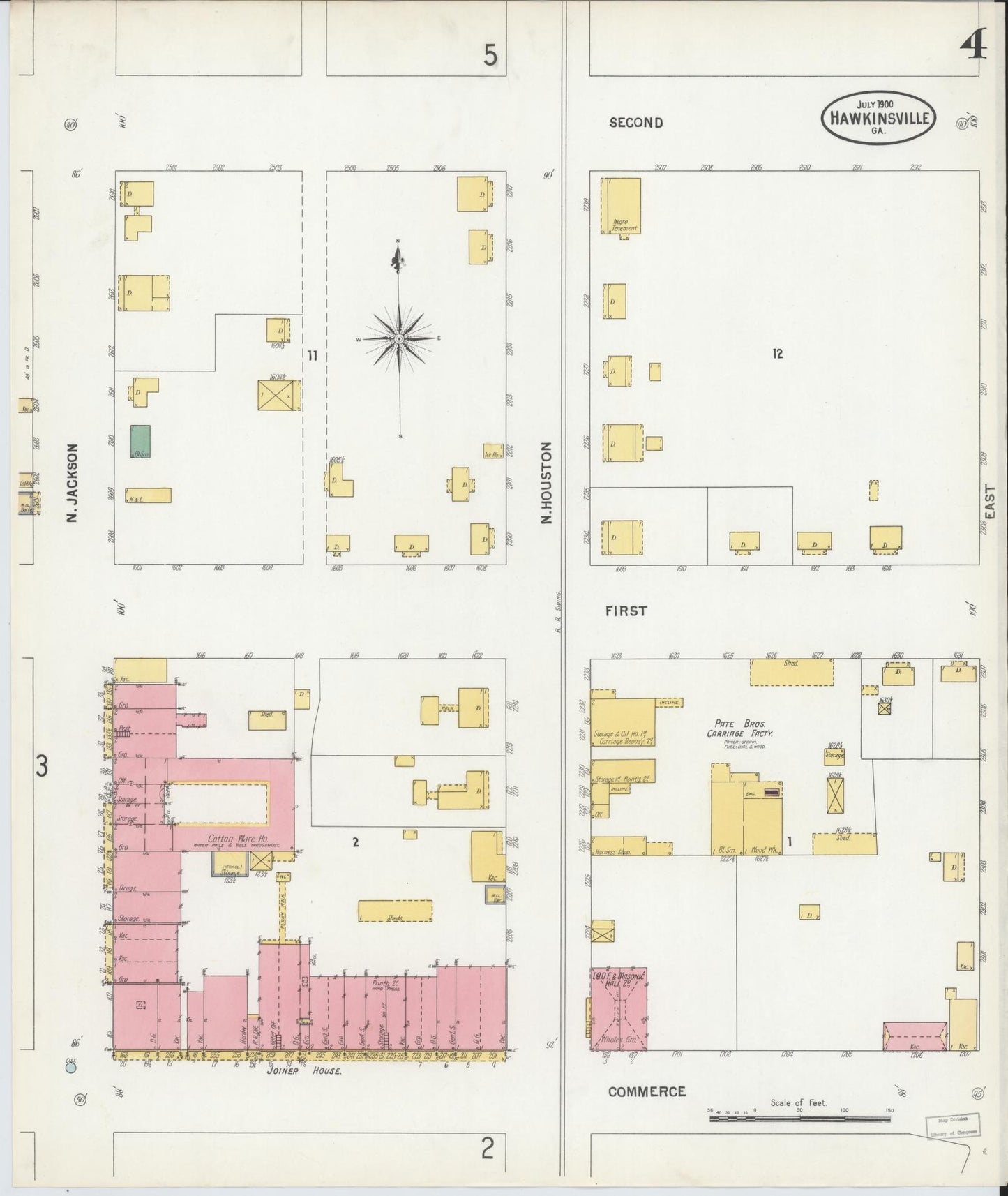 Sanborn Fire Insurance Map from Hawkinsville, Pulaski County, Georgia (1900), Sheet #0004 - Historic Sanborn Fire Insurance Map Print, vintage old map wall art, antique decor, genealogy gift, Georgia Georgia map