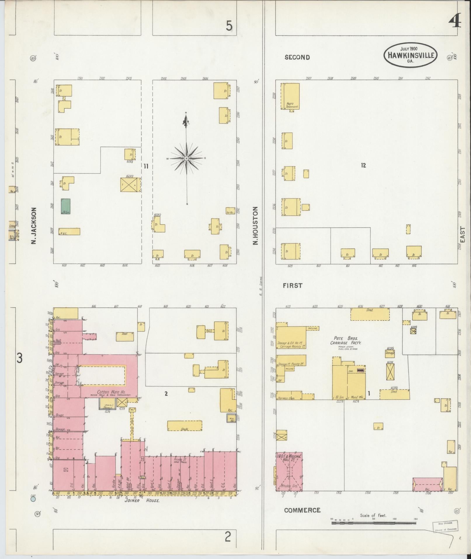 Sanborn Fire Insurance Map from Hawkinsville, Pulaski County, Georgia (1900), Sheet #0004 - Historic Sanborn Fire Insurance Map Print, vintage old map wall art, antique decor, genealogy gift, Georgia Georgia map