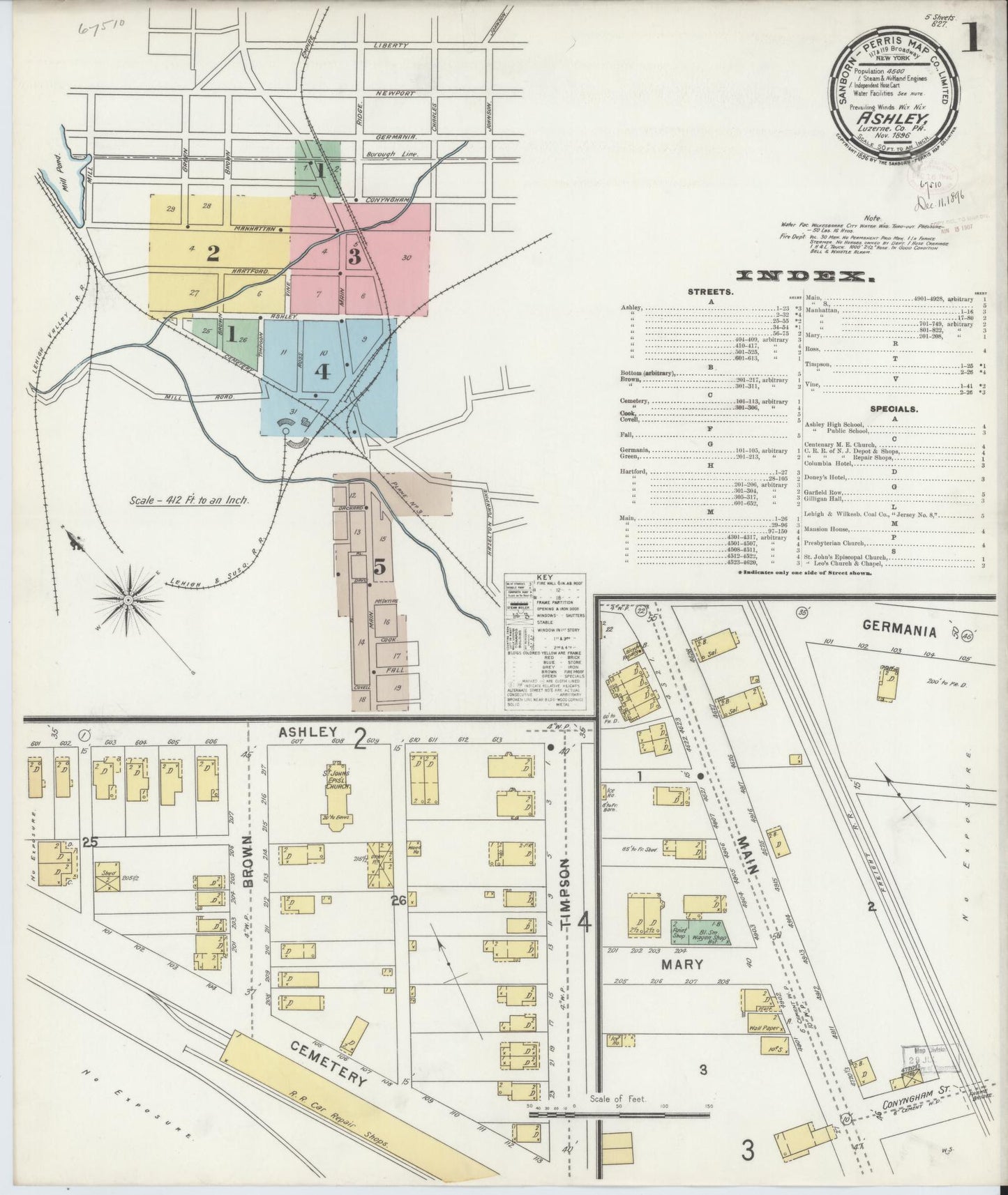Sanborn Fire Insurance Map from Ashley, Luzerne County, Pennsylvania (1896), Sheet #0001 - Historic Sanborn Fire Insurance Map Print, vintage old map wall art, antique decor, genealogy gift, Pennsylvania Pennsylvania map