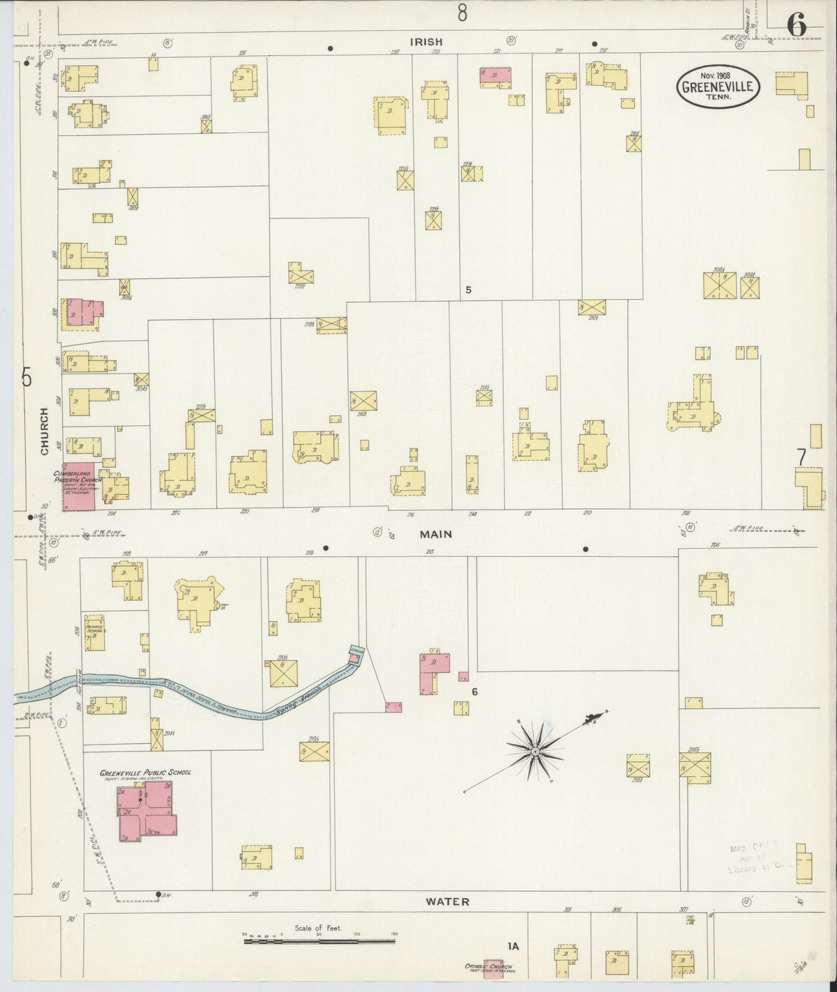 Sanborn Fire Insurance Map from Greeneville, Greene County, Tennessee (1908), Sheet #0006 - Complete Map Set gallery image, historic Sanborn map, vintage wall art, Tennessee Tennessee