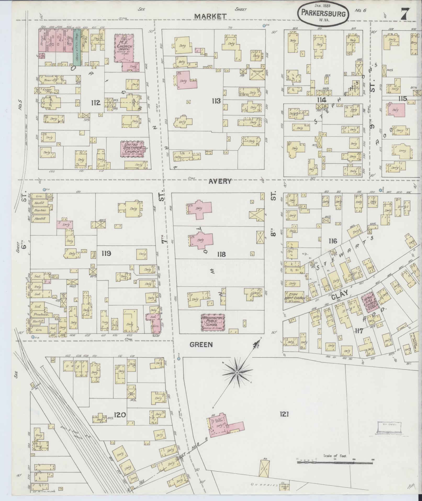 Sanborn Fire Insurance Map from Parkersburg, Wood County, West Virginia (1889), Sheet #0007 - Complete Map Set gallery image, historic Sanborn map, vintage wall art, West Virginia West Virginia