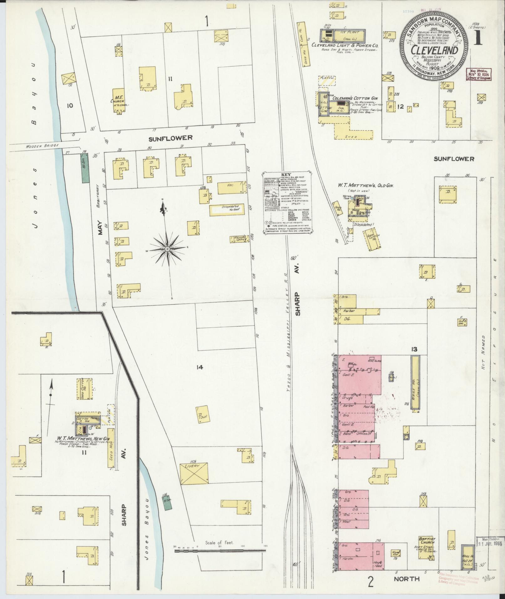 Sanborn Fire Insurance Map from Cleveland, Bolivar County, Mississippi (1909), Sheet #0001 - Complete Map Set gallery image, historic Sanborn map, vintage wall art, Mississippi Mississippi