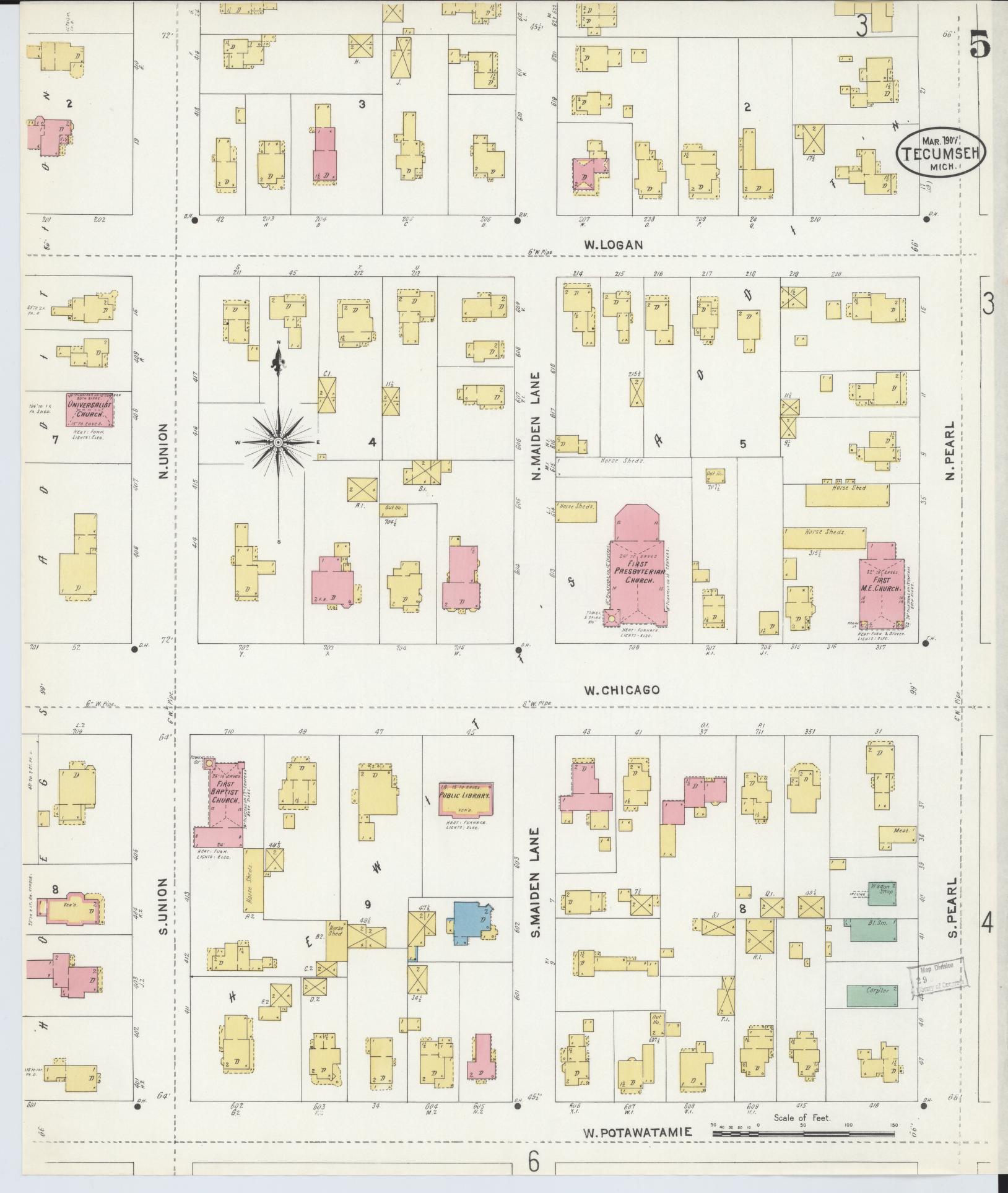 Sanborn Fire Insurance Map from Tecumseh, Lenawee County, Michigan (1907), Sheet #0005 - Complete Map Set gallery image, historic Sanborn map, vintage wall art, Michigan Michigan