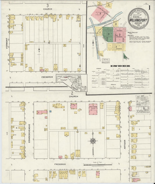 Sanborn Fire Insurance Map from Williamsport, Washington County, Maryland (1918), Sheet #0001 - Historic Sanborn Fire Insurance Map Print, vintage old map wall art, antique decor, genealogy gift, Maryland Maryland map