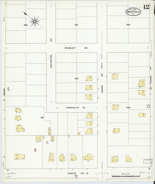 Sanborn Fire Insurance Map from Westfield, Union County, New Jersey (1909), Sheet #0012 - Historic Sanborn Fire Insurance Map Print, vintage old map wall art, antique decor, genealogy gift, New Jersey New Jersey map