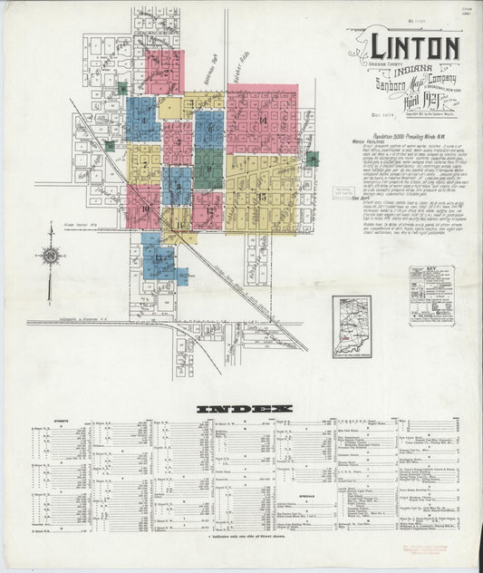 Sanborn Fire Insurance Map from Linton, Greene County, Indiana (1921), Sheet #0001 - Historic Sanborn Fire Insurance Map Print, vintage old map wall art, antique decor, genealogy gift, Indiana Indiana map
