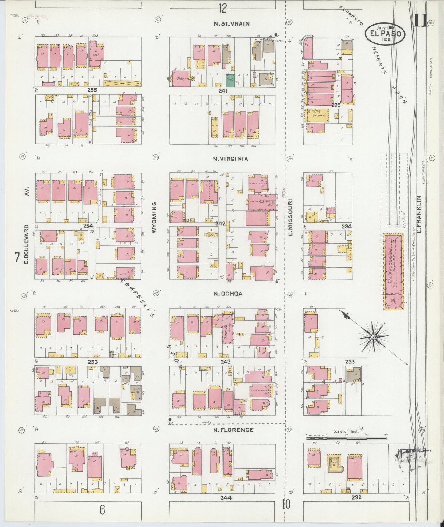 Sanborn Fire Insurance Map from El Paso, El Paso County, Texas (1905), Sheet #0011 - Complete Map Set gallery image, historic Sanborn map, vintage wall art, Texas Texas