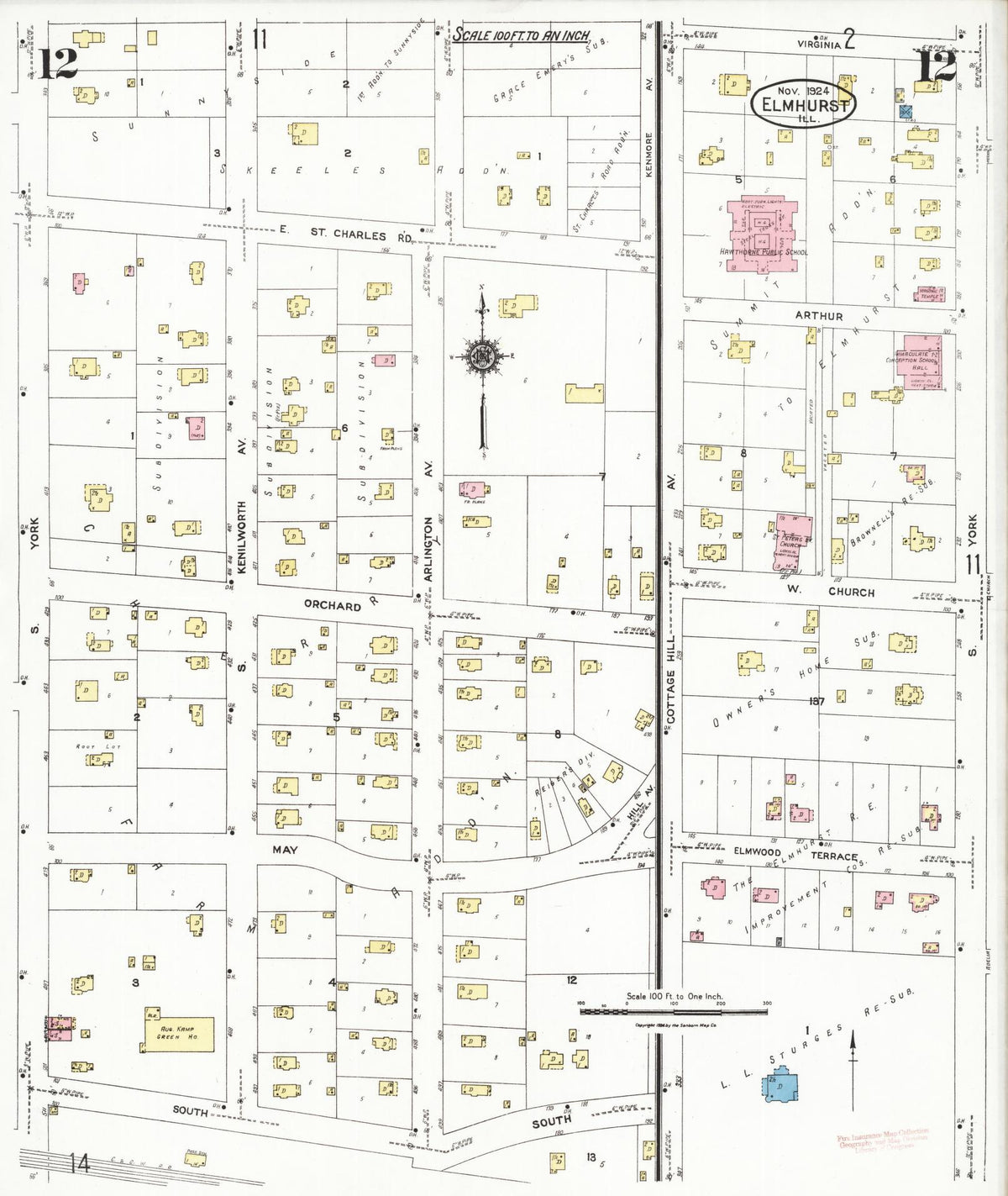 Sanborn Fire Insurance Map from Elmhurst, Du Page County, Illinois (1924), Sheet #0012 - Historic Sanborn Fire Insurance Map Print, vintage old map wall art, antique decor, genealogy gift, Illinois Illinois map
