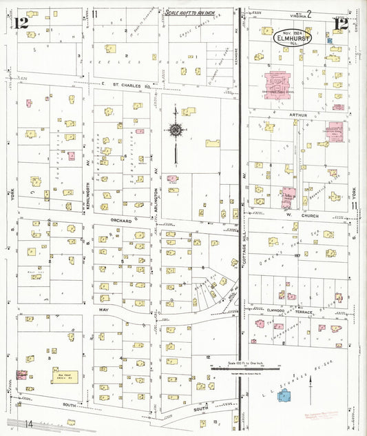 Sanborn Fire Insurance Map from Elmhurst, Du Page County, Illinois (1924), Sheet #0012 - Historic Sanborn Fire Insurance Map Print, vintage old map wall art, antique decor, genealogy gift, Illinois Illinois map
