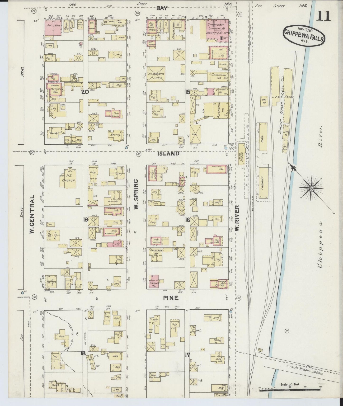 Sanborn Fire Insurance Map from Chippewa Falls, Chippewa County, Wisconsin (1890), Sheet #0011 - Historic Sanborn Fire Insurance Map Print, vintage old map wall art, antique decor, genealogy gift, Wisconsin Wisconsin map