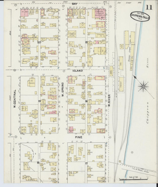 Sanborn Fire Insurance Map from Chippewa Falls, Chippewa County, Wisconsin (1890), Sheet #0011 - Historic Sanborn Fire Insurance Map Print, vintage old map wall art, antique decor, genealogy gift, Wisconsin Wisconsin map