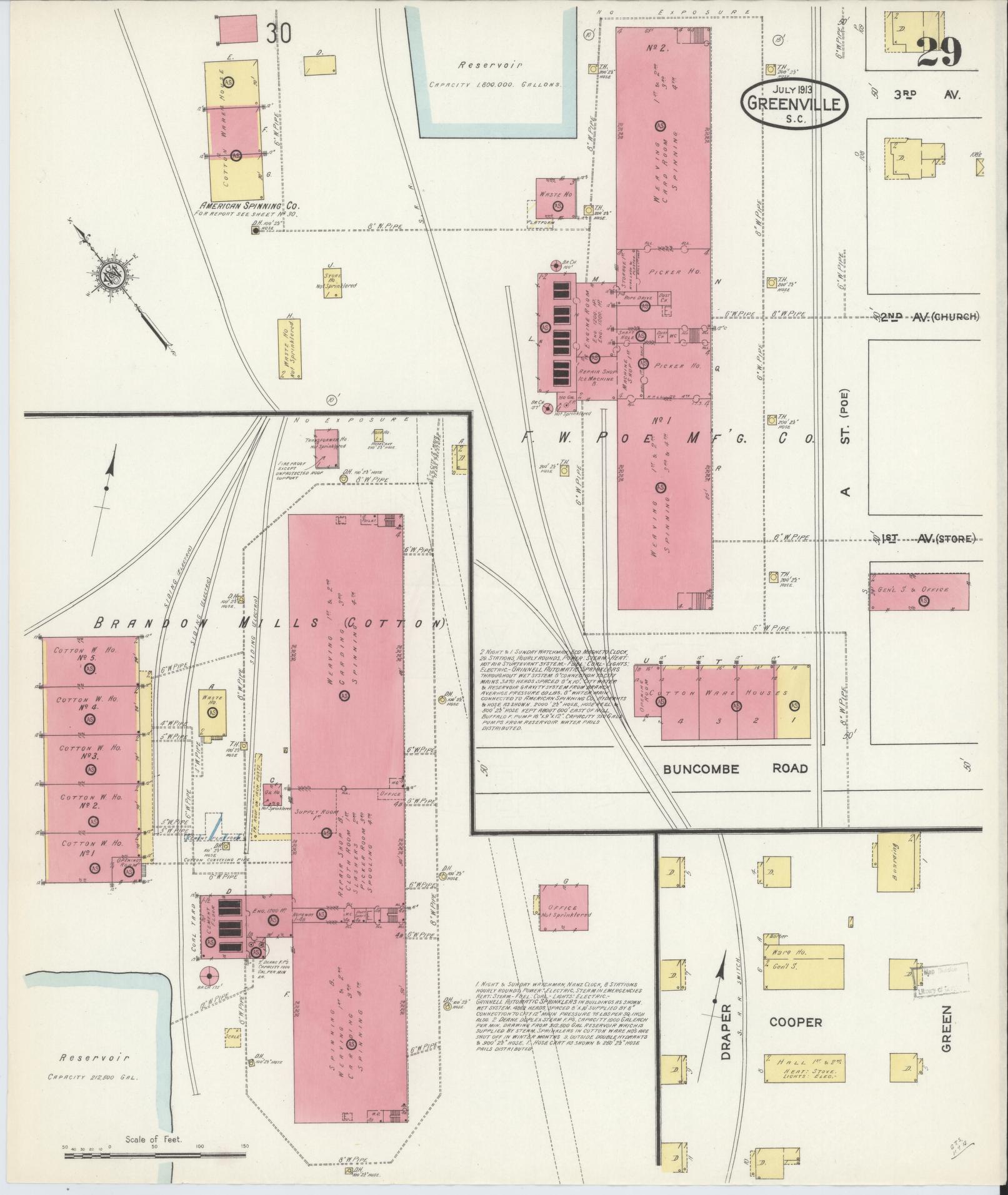 Sanborn Fire Insurance Map from Greenville, Greenville County, South Carolina (1913), Sheet #0029 - Complete Map Set gallery image, historic Sanborn map, vintage wall art, South Carolina South Carolina