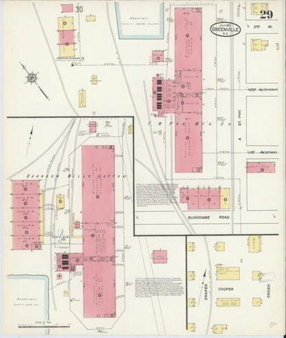 Sanborn Fire Insurance Map from Greenville, Greenville County, South Carolina (1913), Sheet #0029 - Complete Map Set gallery image, historic Sanborn map, vintage wall art, South Carolina South Carolina