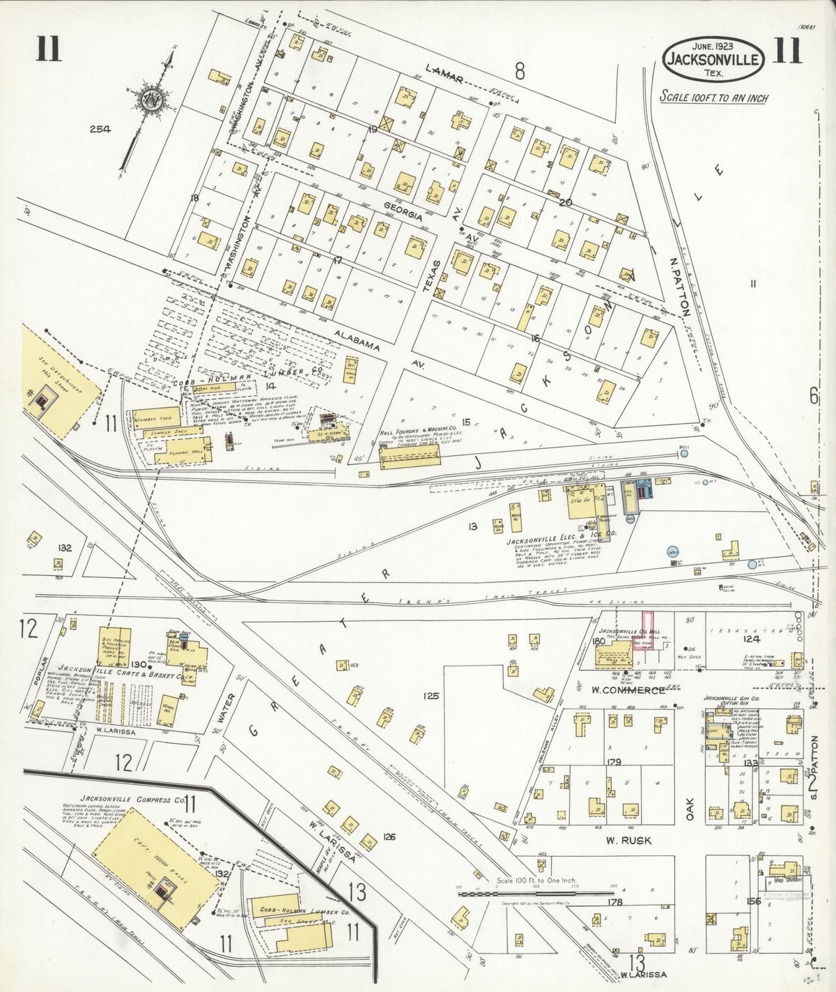 Sanborn Fire Insurance Map from Jacksonville, Cherokee County, Texas (1923), Sheet #0011 - Complete Map Set gallery image, historic Sanborn map, vintage wall art, Texas Texas