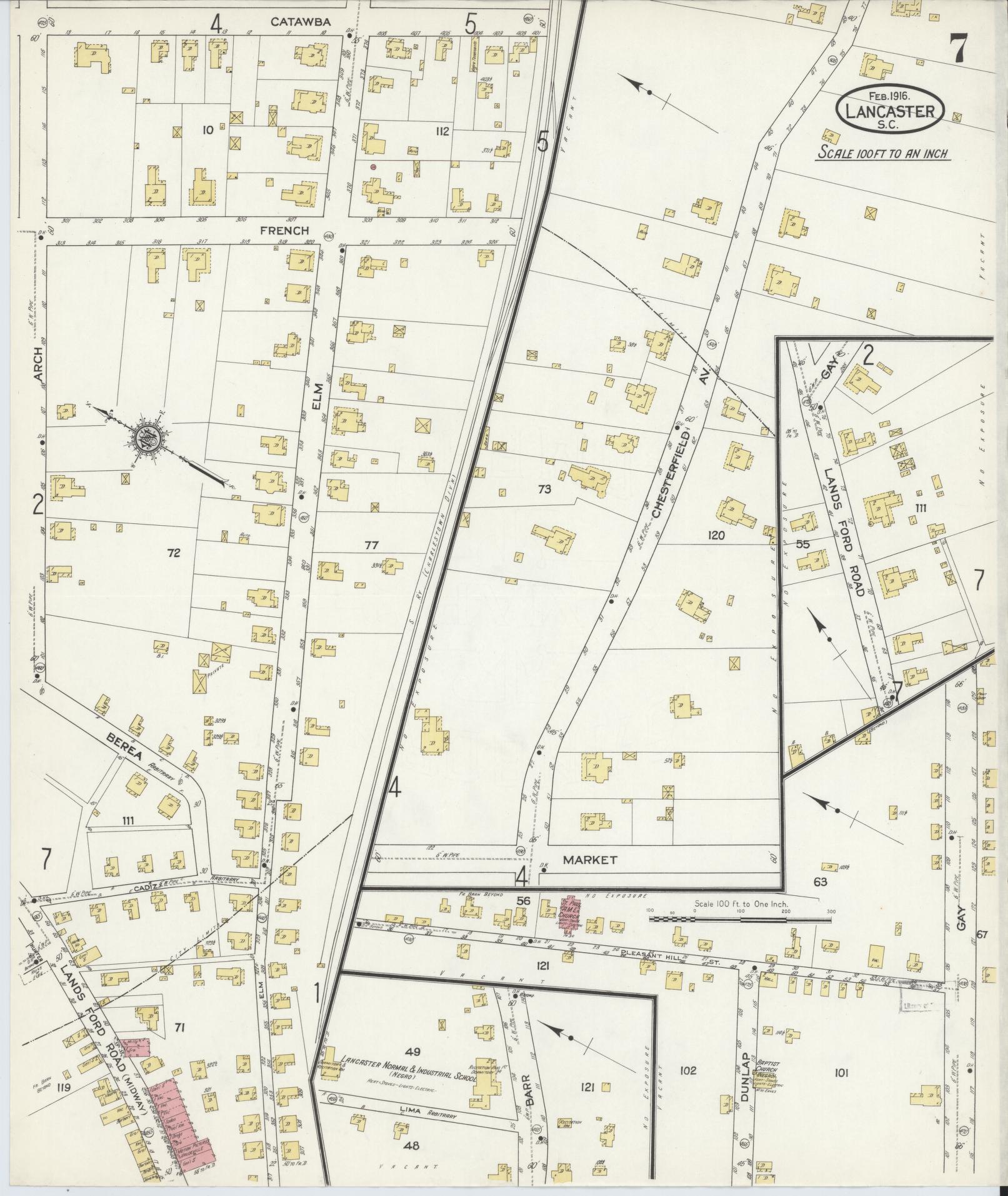 Sanborn Fire Insurance Map from Lancaster, Lancaster County, South Carolina (1916), Sheet #0007 - Complete Map Set gallery image, historic Sanborn map, vintage wall art, South Carolina South Carolina