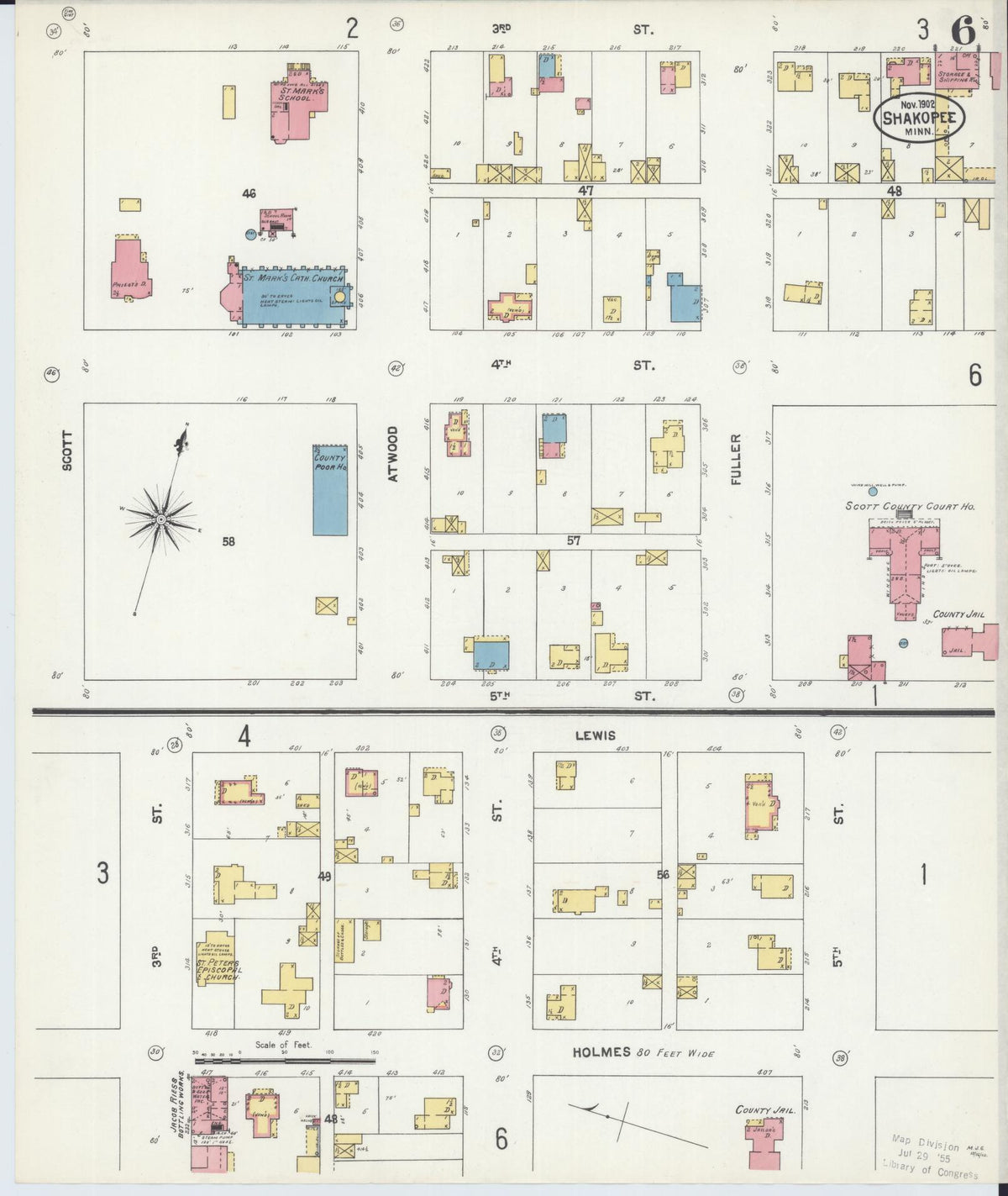 Sanborn Fire Insurance Map from Shakopee, Scott County, Minnesota (1902), Sheet #0006 - Historic Sanborn Fire Insurance Map Print, vintage old map wall art, antique decor, genealogy gift, Minnesota Minnesota map