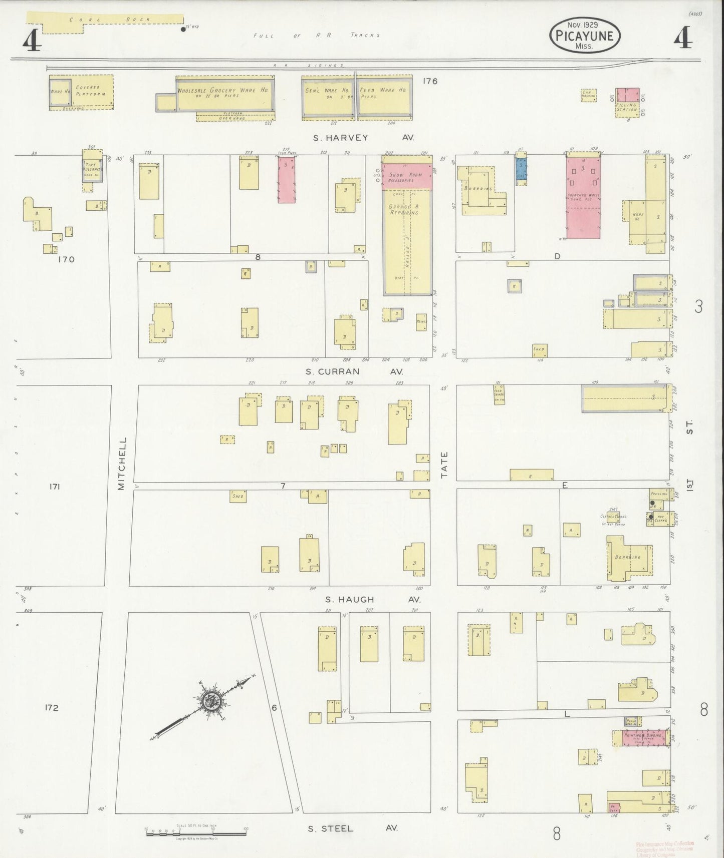 Sanborn Fire Insurance Map from Picayune, Pearl River County, Mississippi (1929), Sheet #0004 - Historic Sanborn Fire Insurance Map Print, vintage old map wall art, antique decor, genealogy gift, Mississippi Mississippi map