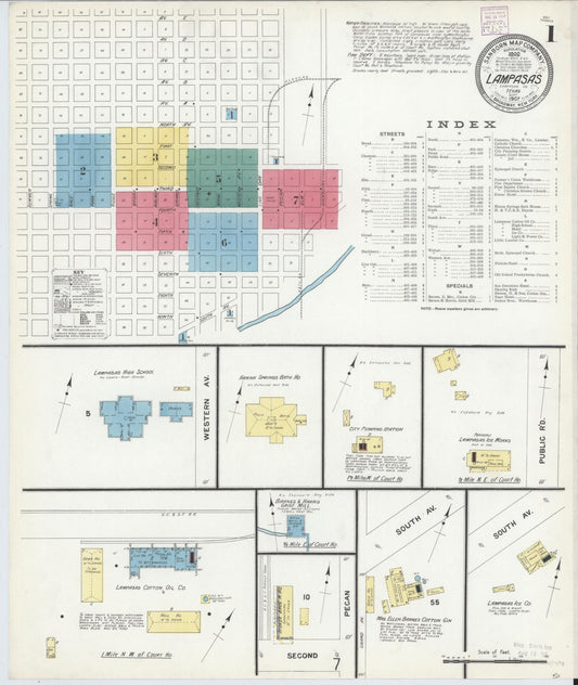 Sanborn Fire Insurance Map from Lampasas, Lampasas County, Texas (1907), Sheet #0001 - Historic Sanborn Fire Insurance Map Print, vintage old map wall art, antique decor, genealogy gift, Texas Texas map