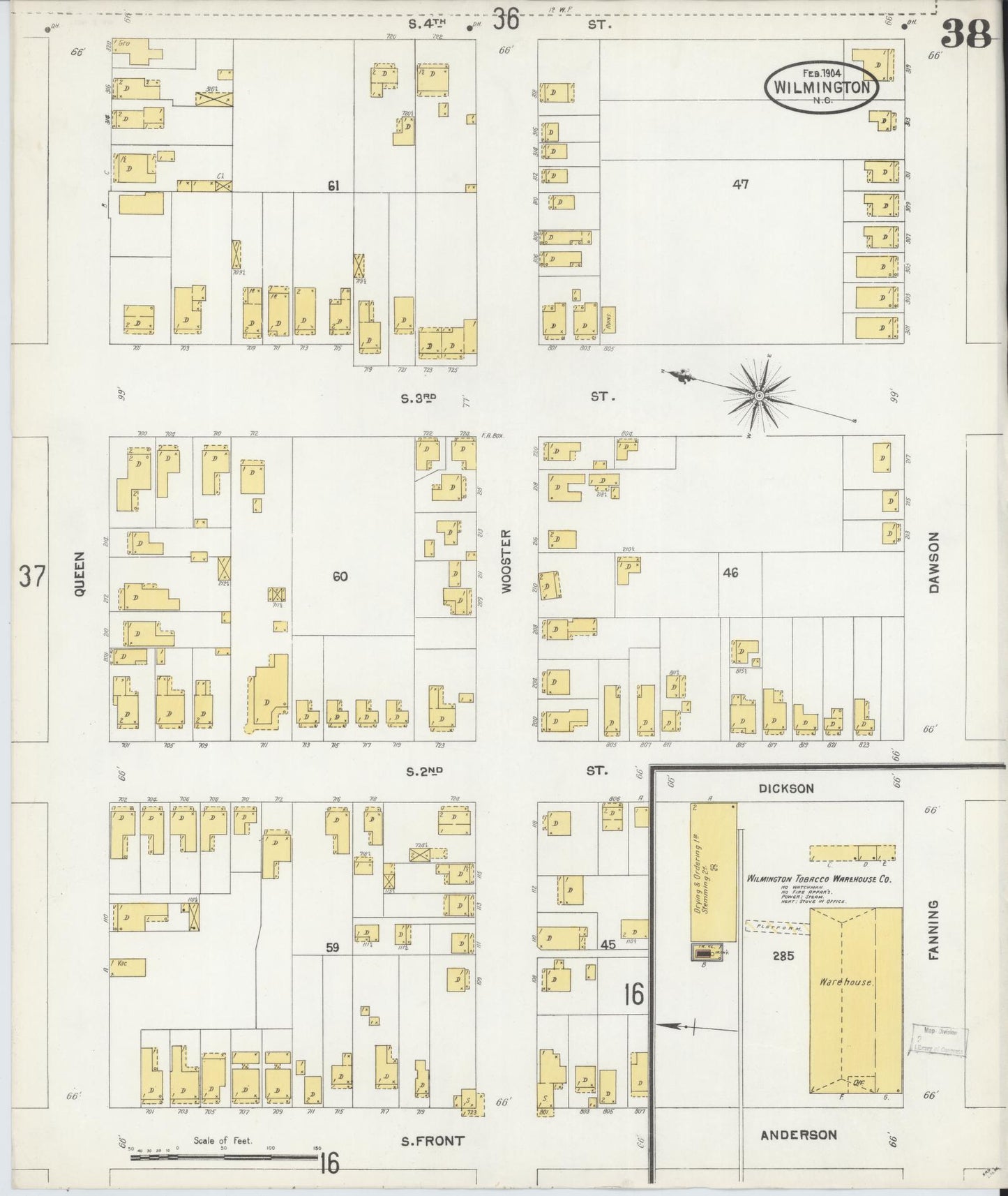 Sanborn Fire Insurance Map from Wilmington, New Hanover County, North Carolina (1904), Sheet #0038 - Historic Sanborn Fire Insurance Map Print, vintage old map wall art, antique decor, genealogy gift, North Carolina North Carolina map