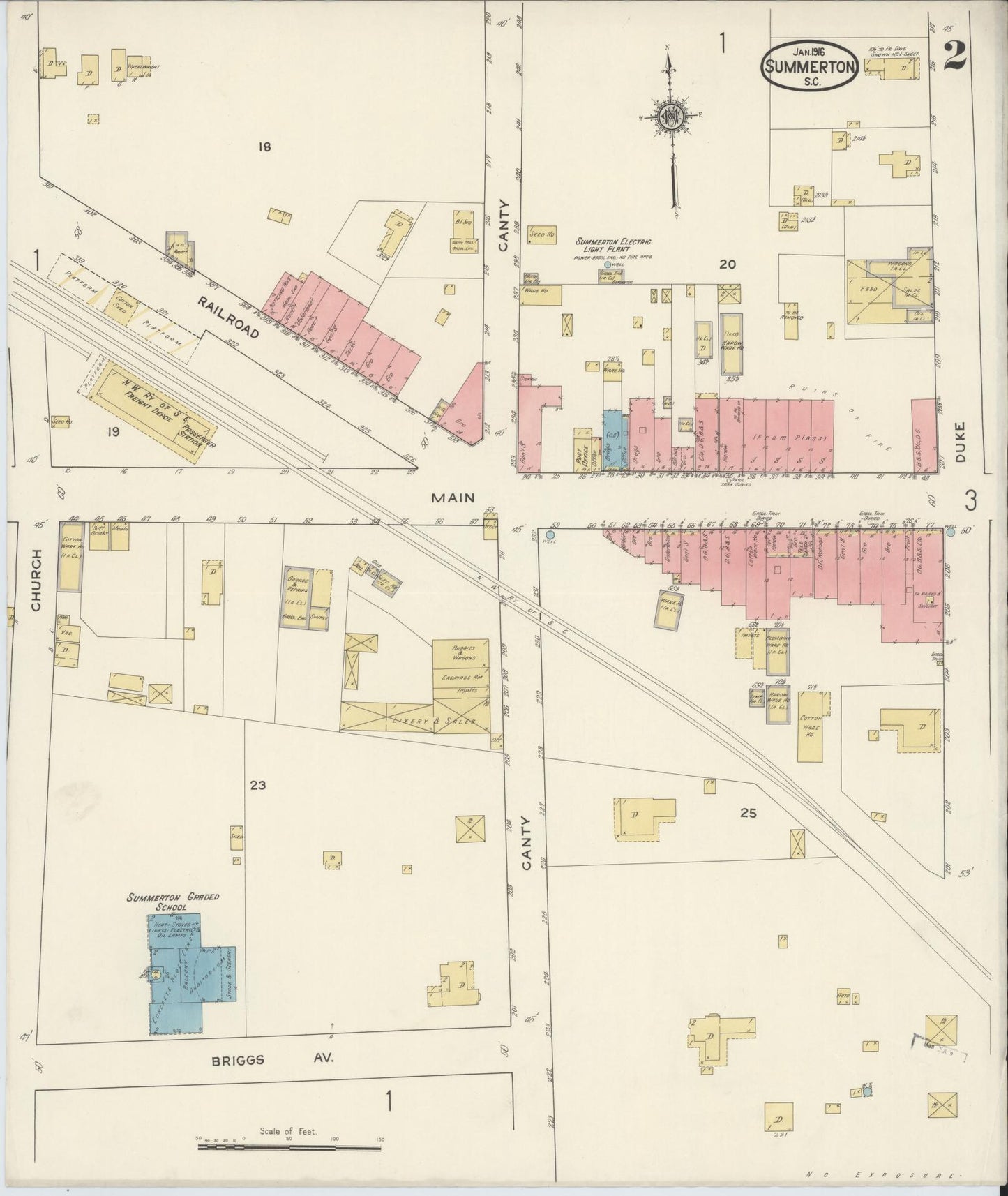 Sanborn Fire Insurance Map from Summerton, Clarendon County, South Carolina (1916), Sheet #0002 - Historic Sanborn Fire Insurance Map Print, vintage old map wall art, antique decor, genealogy gift, South Carolina South Carolina map