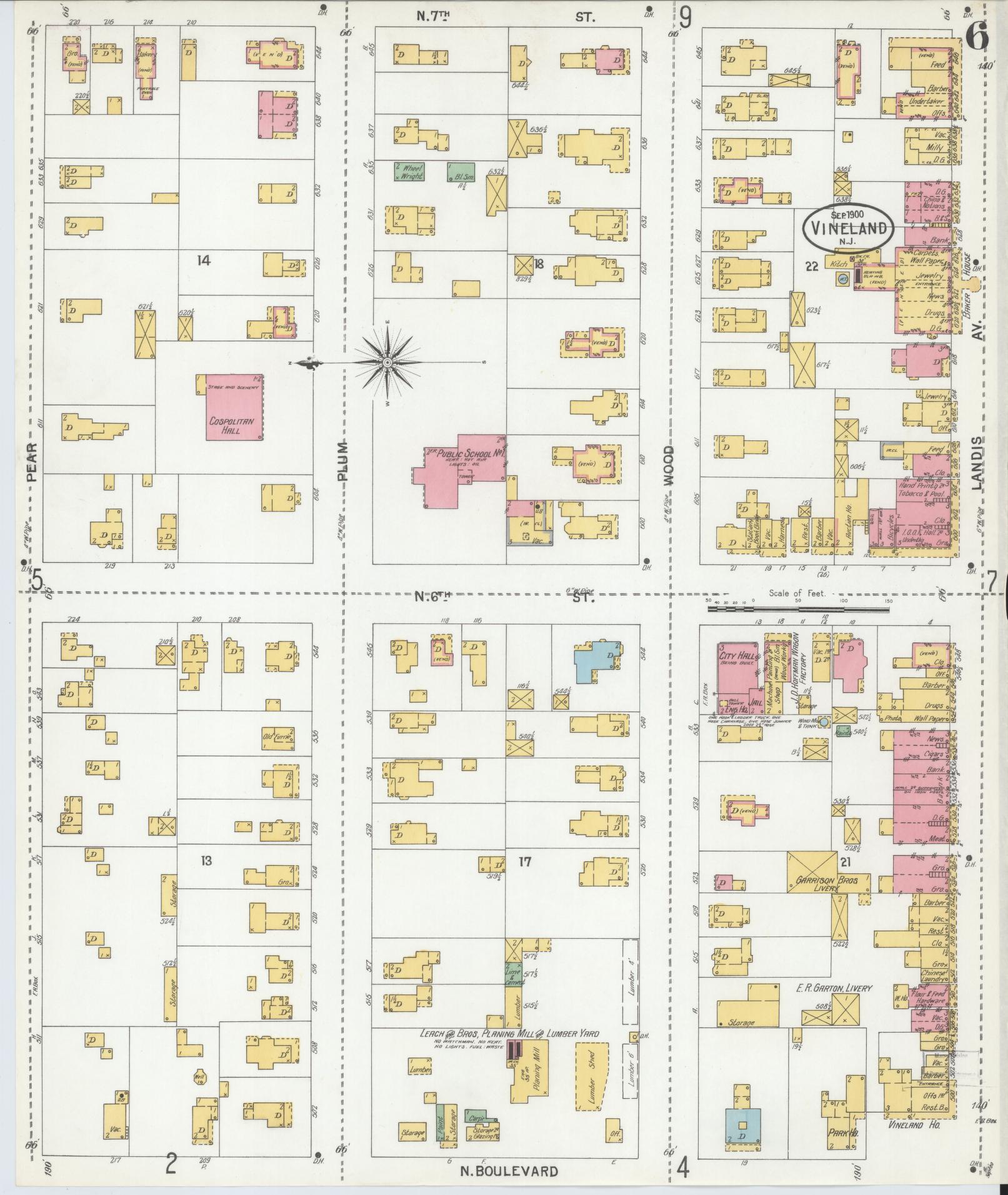 Sanborn Fire Insurance Map from Vineland, Cumberland County, New Jersey (1900), Sheet #0006 - Historic Sanborn Fire Insurance Map Print, vintage old map wall art, antique decor, genealogy gift, New Jersey New Jersey map
