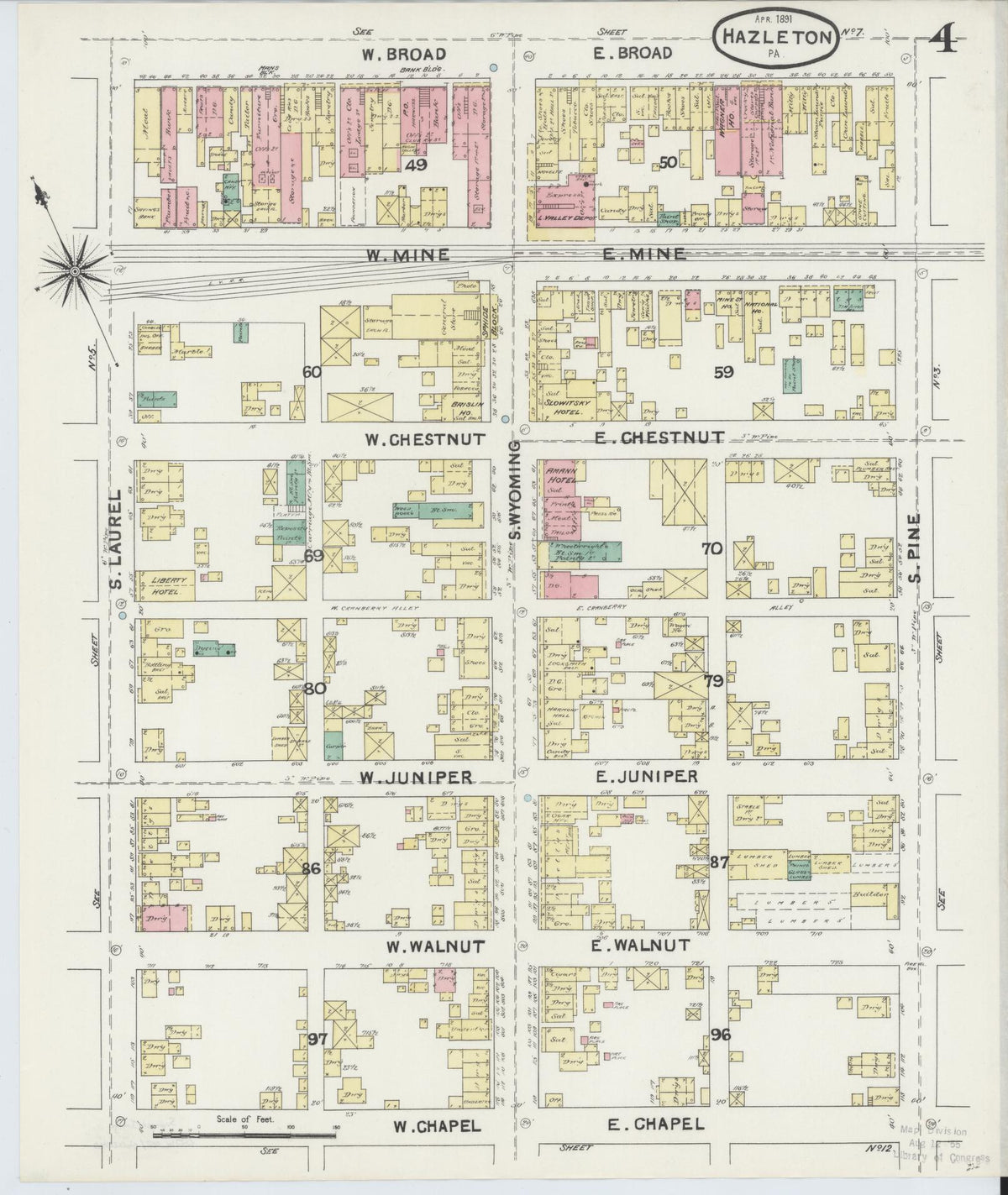 Sanborn Fire Insurance Map from Hazleton, Luzerne County, Pennsylvania (1891), Sheet #0004 - Historic Sanborn Fire Insurance Map Print, vintage old map wall art, antique decor, genealogy gift, Pennsylvania Pennsylvania map