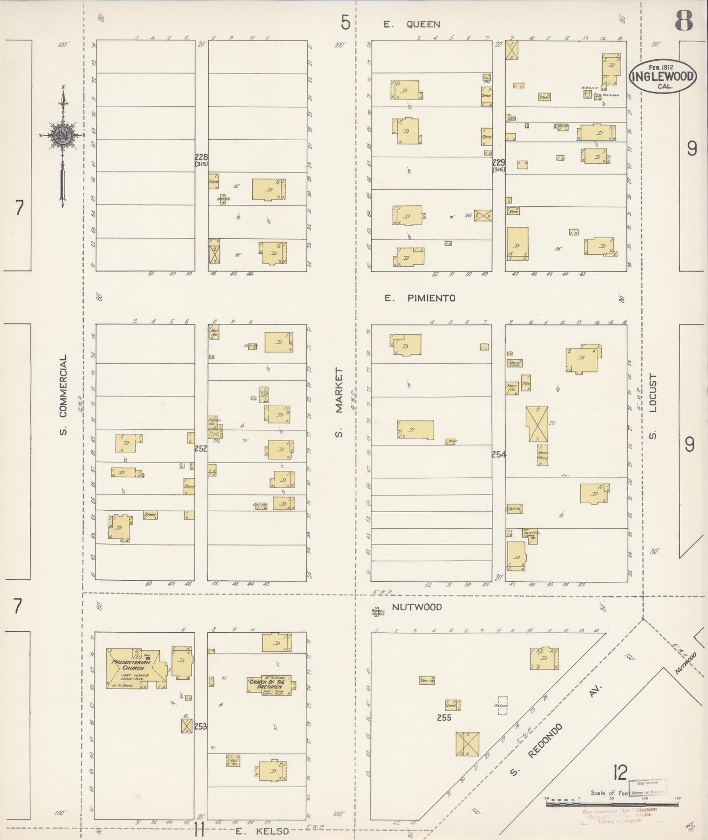 Sanborn Fire Insurance Map from Inglewood, Los Angeles County, California (1912), Sheet #0008 - Historic Sanborn Fire Insurance Map Print, vintage old map wall art, antique decor, genealogy gift, California California map