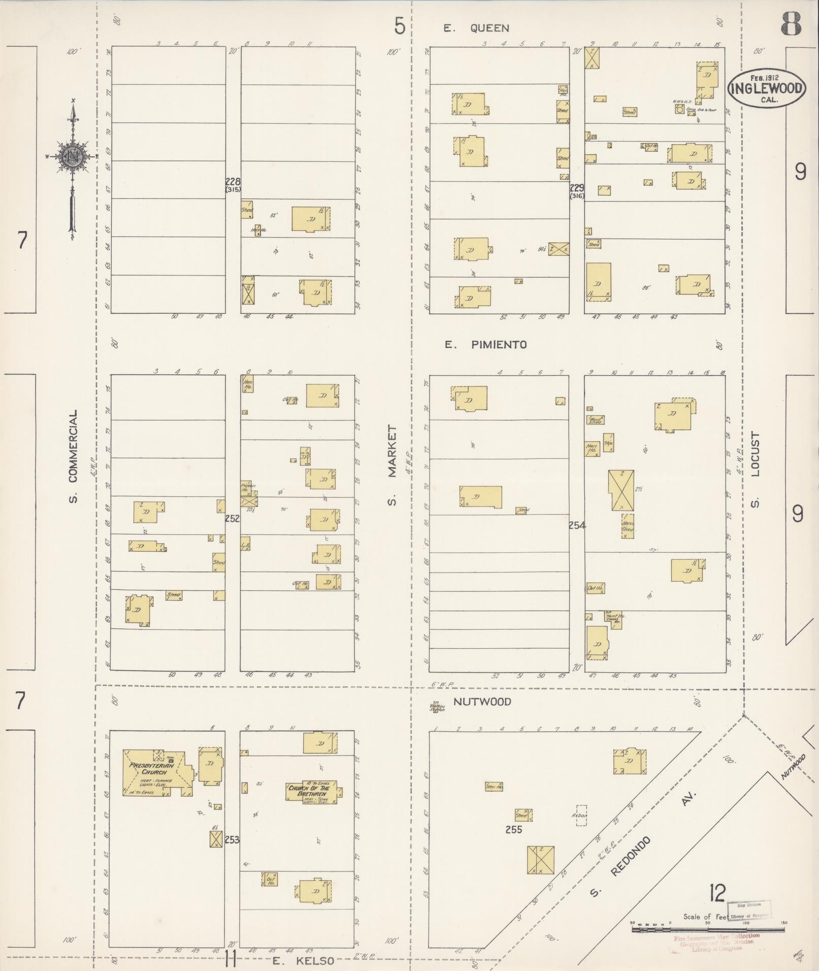 Sanborn Fire Insurance Map from Inglewood, Los Angeles County, California (1912), Sheet #0008 - Historic Sanborn Fire Insurance Map Print, vintage old map wall art, antique decor, genealogy gift, California California map