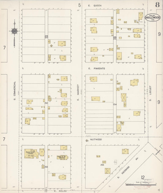 Sanborn Fire Insurance Map from Inglewood, Los Angeles County, California (1912), Sheet #0008 - Historic Sanborn Fire Insurance Map Print, vintage old map wall art, antique decor, genealogy gift, California California map