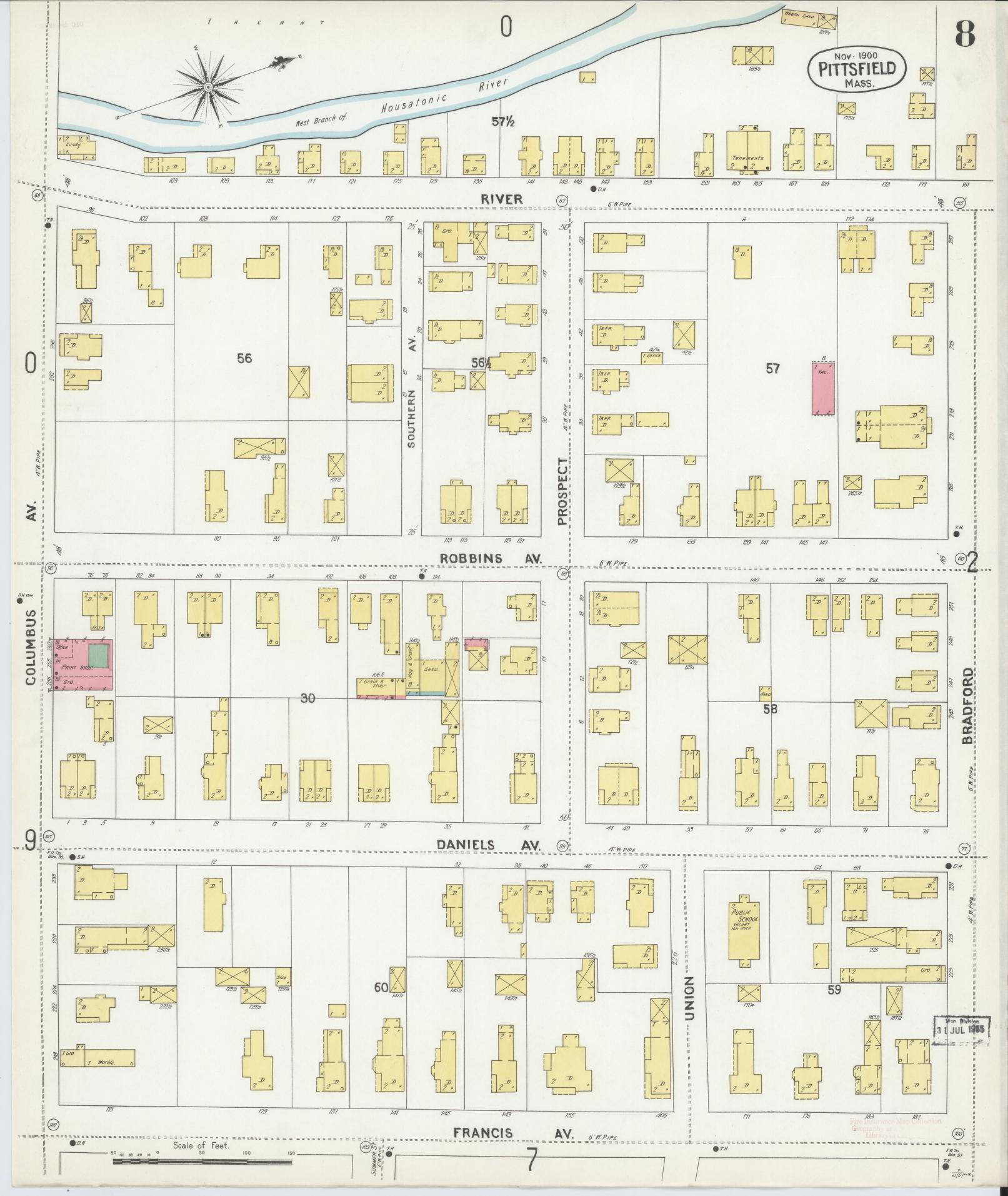 Sanborn Fire Insurance Map from Pittsfield, Berkshire County, Massachusetts (1900), Sheet #0008 - Historic Sanborn Fire Insurance Map Print, vintage old map wall art, antique decor, genealogy gift, Massachusetts Massachusetts map