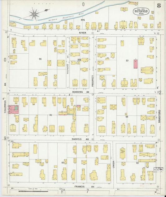 Sanborn Fire Insurance Map from Pittsfield, Berkshire County, Massachusetts (1900), Sheet #0008 - Historic Sanborn Fire Insurance Map Print, vintage old map wall art, antique decor, genealogy gift, Massachusetts Massachusetts map