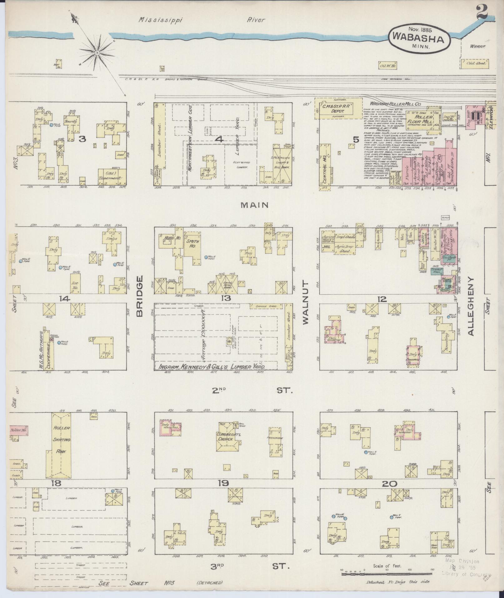 Sanborn Fire Insurance Map from Wabasha, Wabasha County, Minnesota (1885), Sheet #0002 - Complete Map Set gallery image, historic Sanborn map, vintage wall art, Minnesota Minnesota