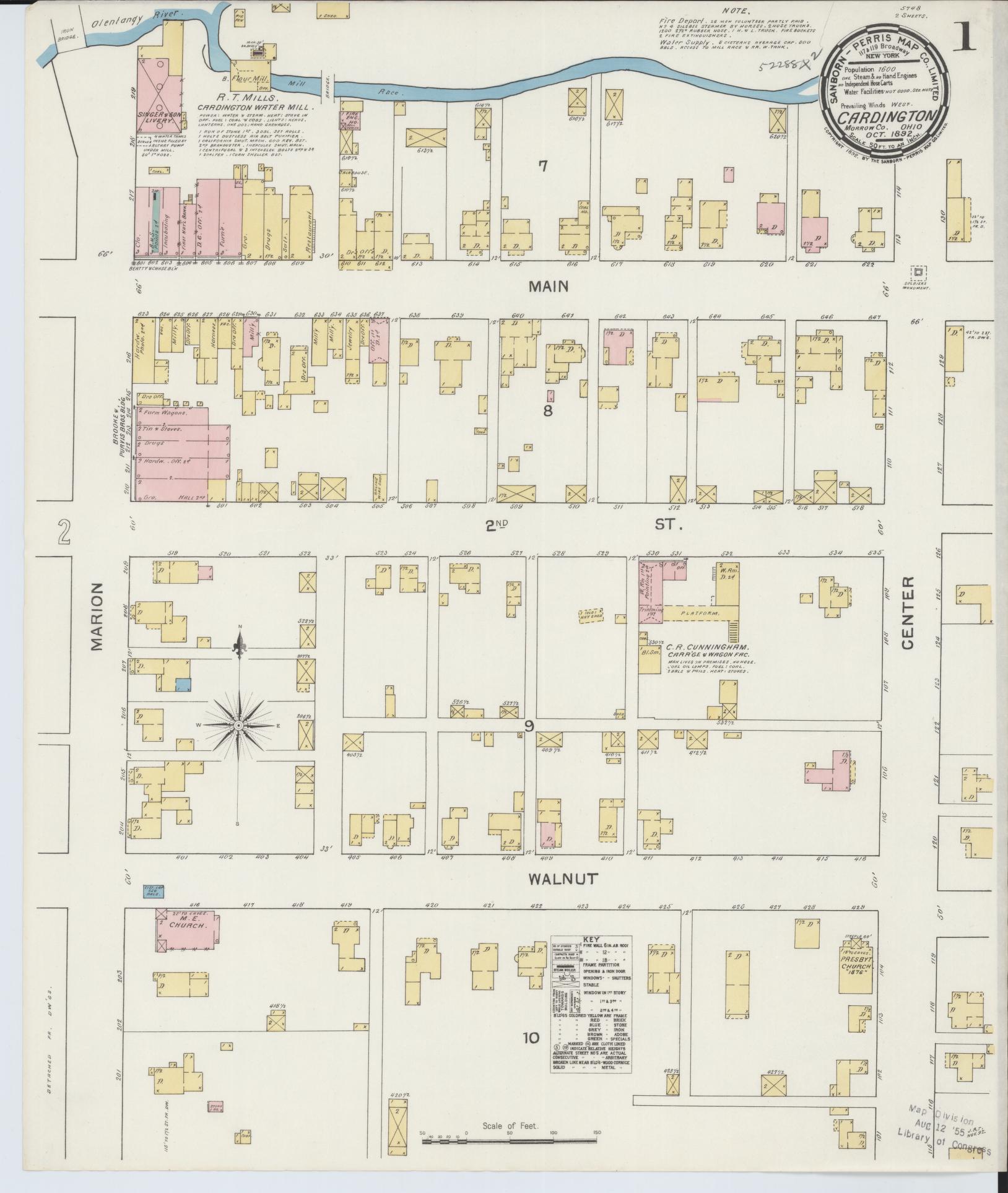 Sanborn Fire Insurance Map from Cardington, Morrow County, Ohio (1892), Sheet #0001 - Historic Sanborn Fire Insurance Map Print, vintage old map wall art, antique decor, genealogy gift, Ohio Ohio map