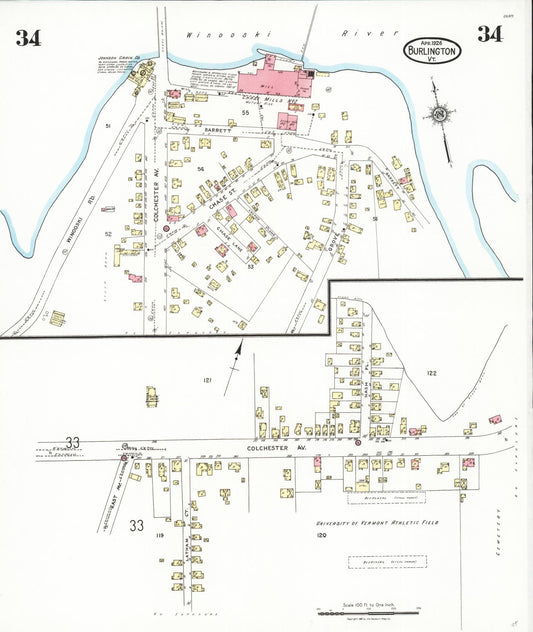 Sanborn Fire Insurance Map from Burlington, Chittenden County, Vermont (1926), Sheet #0034 - Historic Sanborn Fire Insurance Map Print, vintage old map wall art, antique decor, genealogy gift, Vermont Vermont map