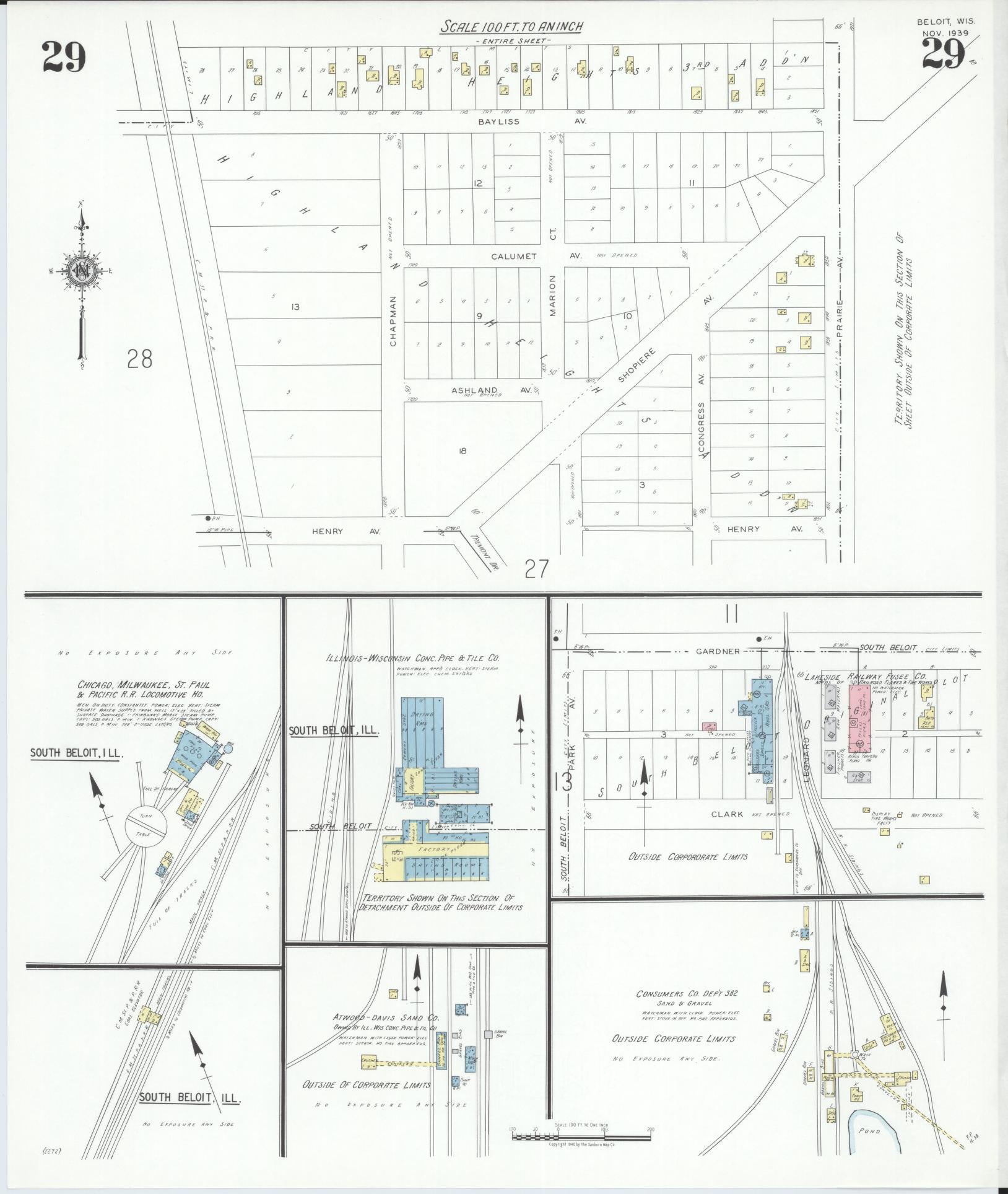 Sanborn Fire Insurance Map from Beloit, Rock County, Wisconsin (1939), Sheet #0029 - Historic Sanborn Fire Insurance Map Print, vintage old map wall art, antique decor, genealogy gift, Wisconsin Wisconsin map