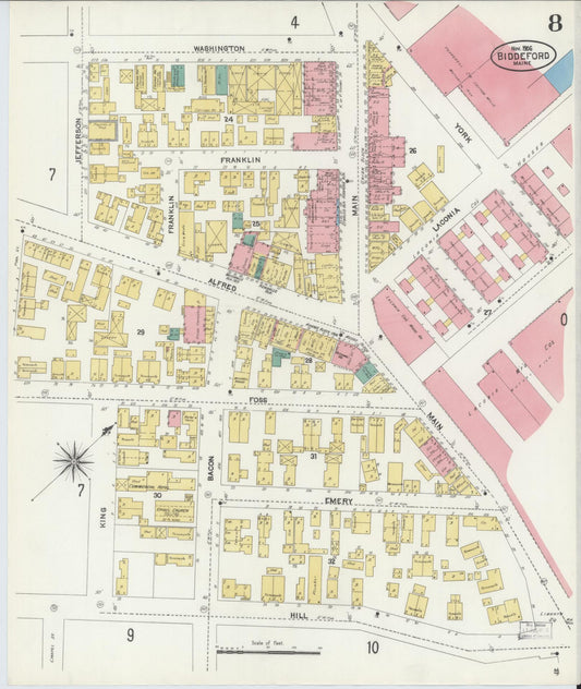 Sanborn Fire Insurance Map from Biddeford, York County, Maine (1906), Sheet #0008 - Historic Sanborn Fire Insurance Map Print, vintage old map wall art, antique decor, genealogy gift, Maine Maine map