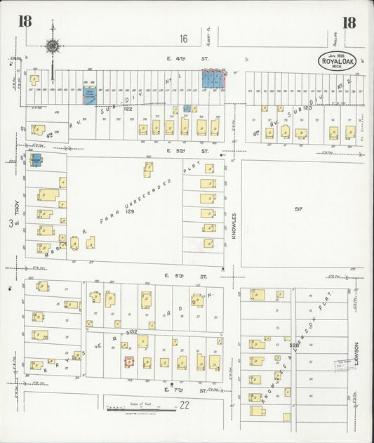 Sanborn Fire Insurance Map from Royal Oak, Oakland County, Michigan (1926), Sheet #0018 - Historic Sanborn Fire Insurance Map Print, vintage old map wall art, antique decor, genealogy gift, Michigan Michigan map