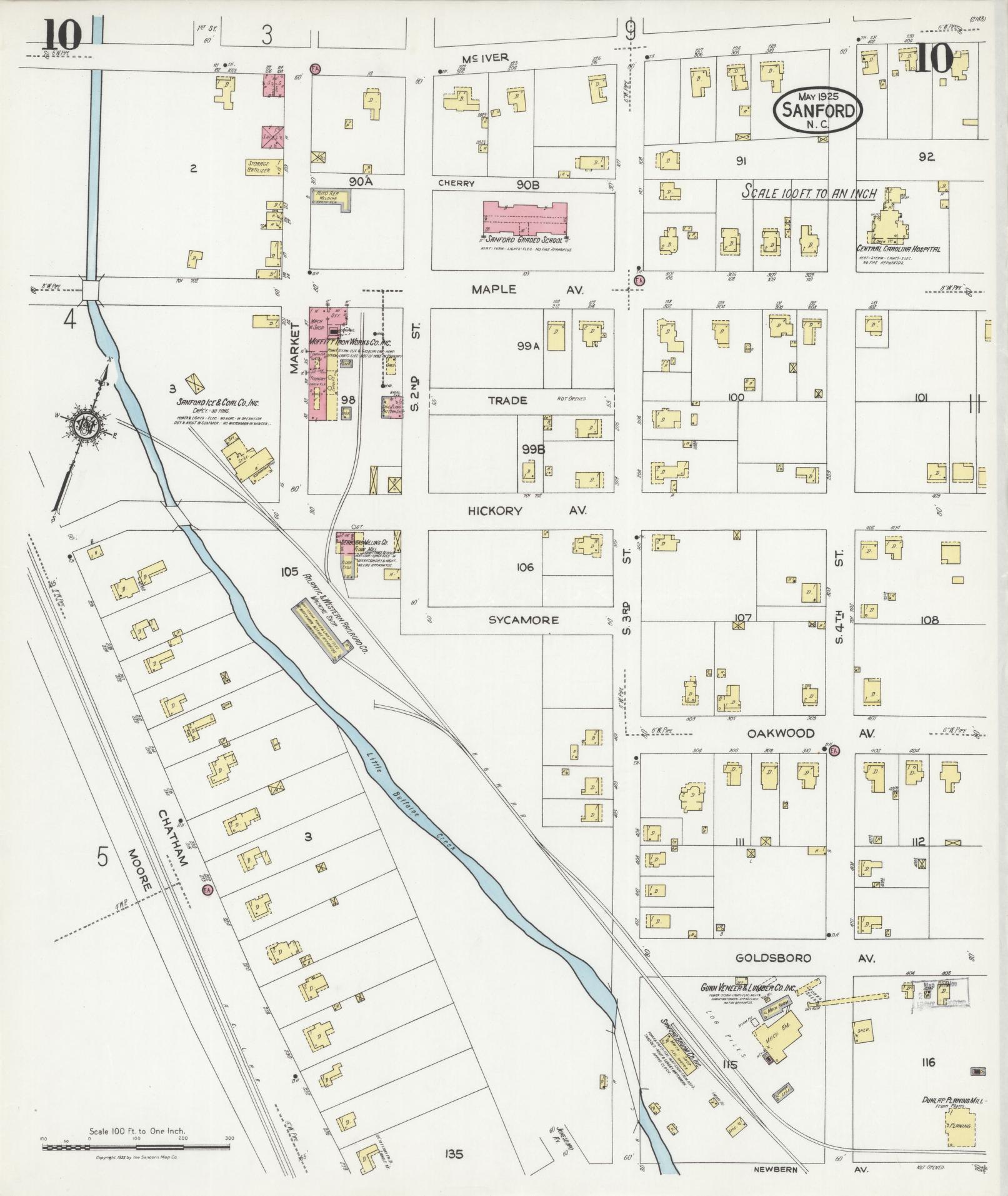 Sanborn Fire Insurance Map from Sanford, Lee County, North Carolina (1925), Sheet #0010 - Complete Map Set gallery image, historic Sanborn map, vintage wall art, North Carolina North Carolina