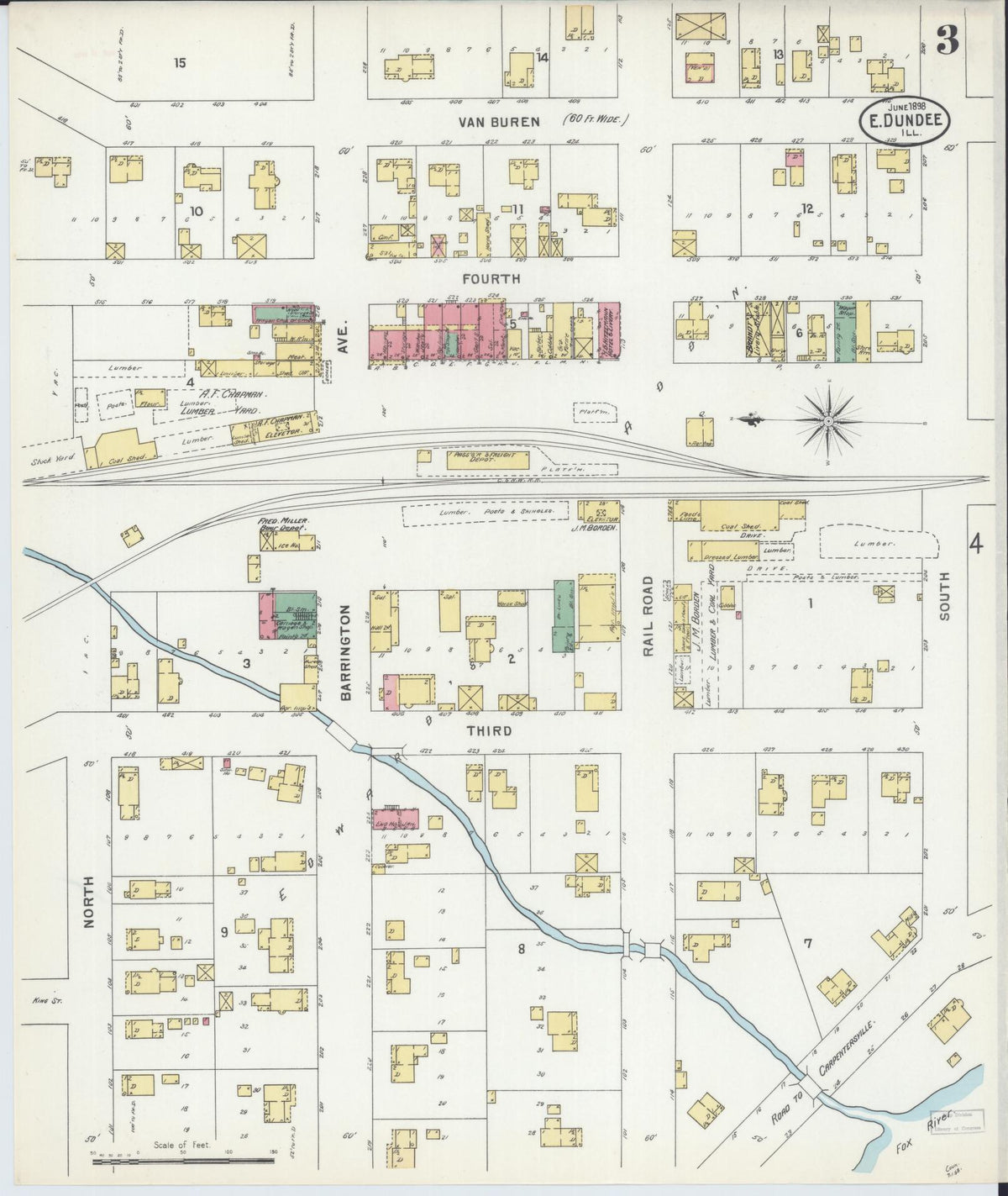Sanborn Fire Insurance Map from Dundee, Kane County, Illinois (1898), Sheet #0003 - Historic Sanborn Fire Insurance Map Print, vintage old map wall art, antique decor, genealogy gift, Illinois Illinois map