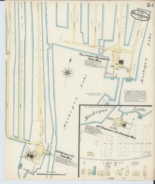 Sanborn Fire Insurance Map from Muskegon, Muskegon County, Michigan (1883), Sheet #0024 - Historic Sanborn Fire Insurance Map Print, vintage old map wall art, antique decor, genealogy gift, Michigan Michigan map