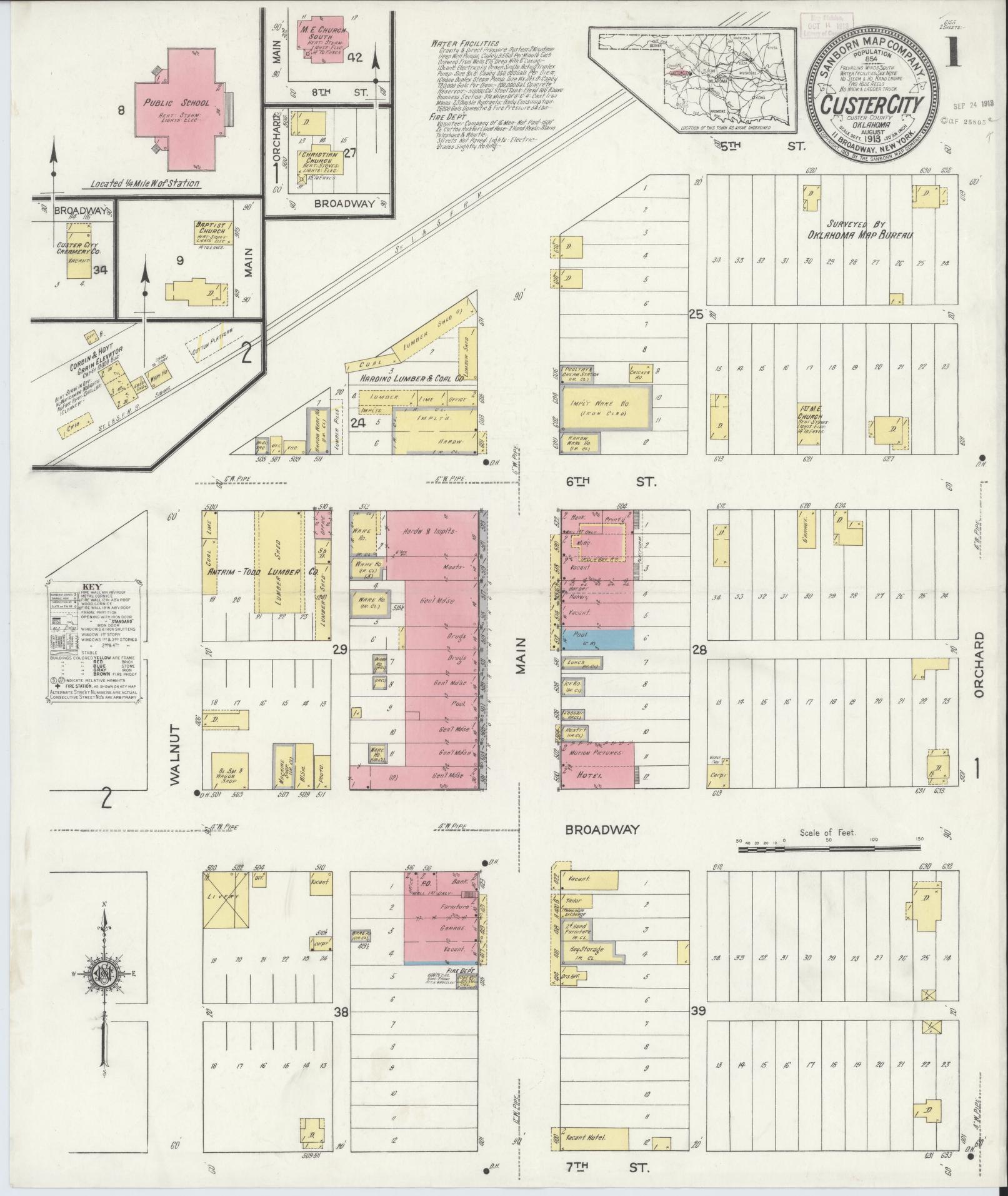 Sanborn Fire Insurance Map from Custer City, Custer County, Oklahoma (1913), Sheet #0001 - Complete Map Set gallery image, historic Sanborn map, vintage wall art, Oklahoma Oklahoma