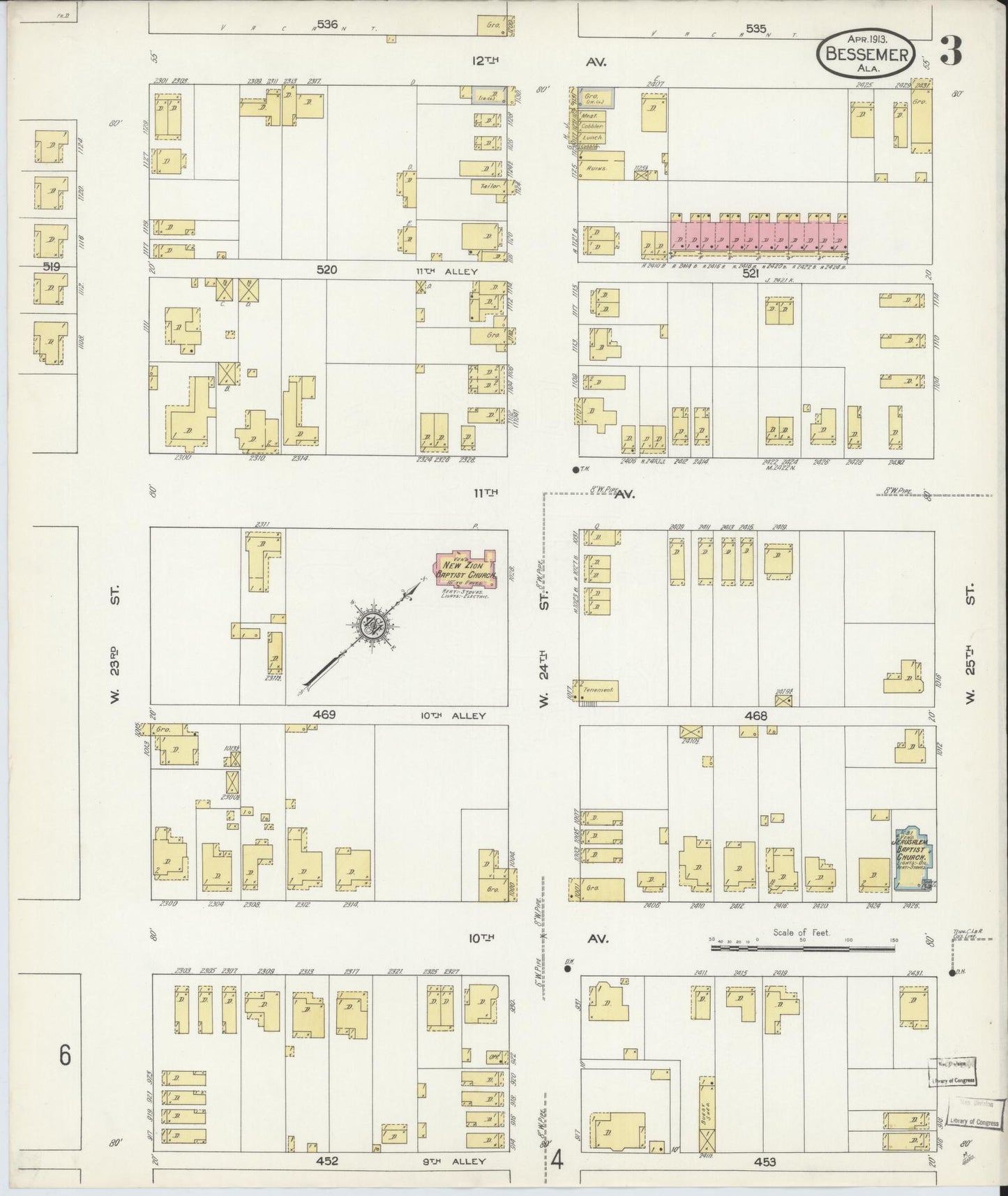 Sanborn Fire Insurance Map from Bessemer, Jefferson County, Alabama (1913), Sheet #0003 - Historic Sanborn Fire Insurance Map Print, vintage old map wall art, antique decor, genealogy gift, Alabama Alabama map