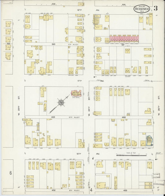 Sanborn Fire Insurance Map from Bessemer, Jefferson County, Alabama (1913), Sheet #0003 - Historic Sanborn Fire Insurance Map Print, vintage old map wall art, antique decor, genealogy gift, Alabama Alabama map