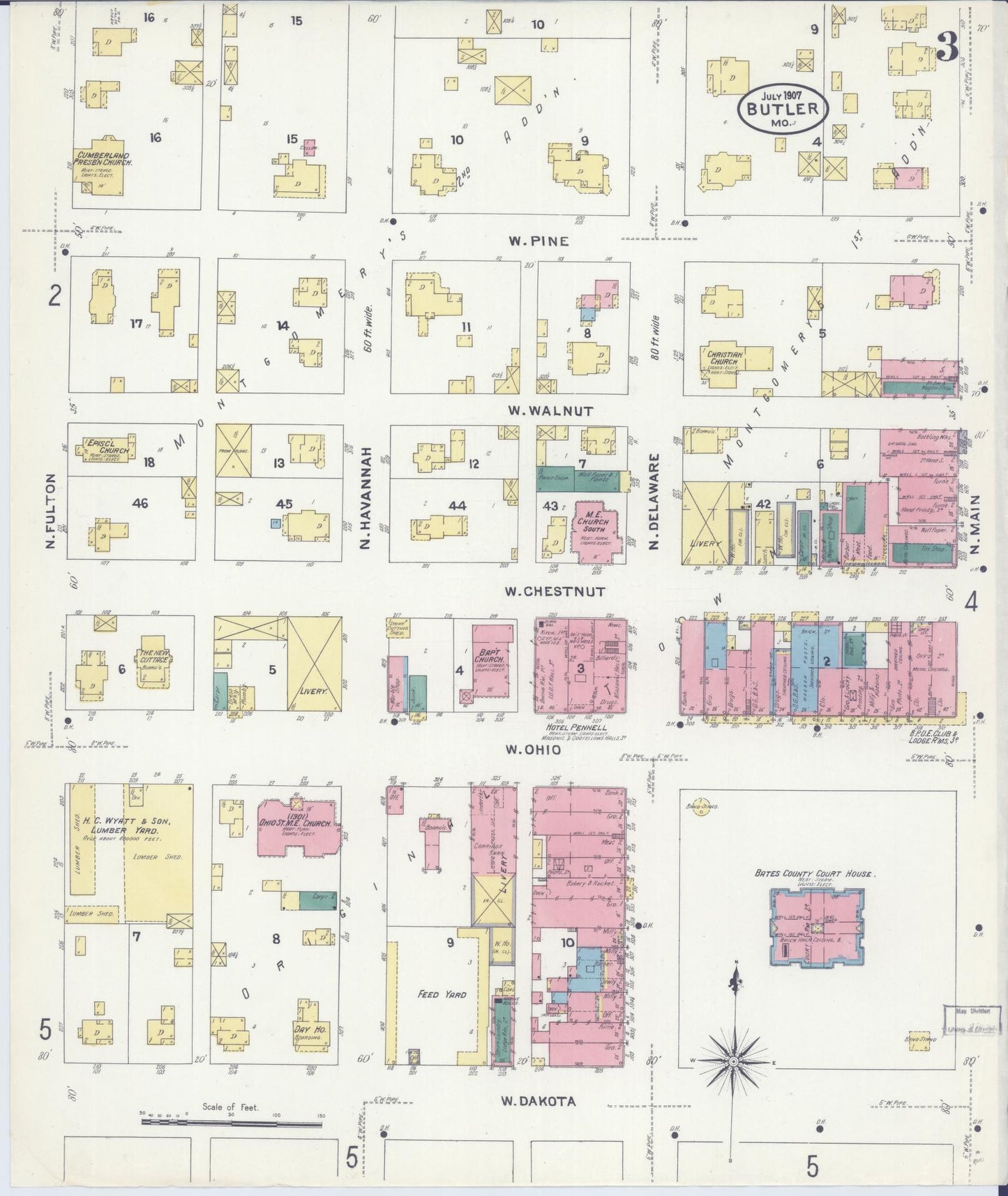 Sanborn Fire Insurance Map from Butler, Bates County, Missouri (1907), Sheet #0003 - Historic Sanborn Fire Insurance Map Print, vintage old map wall art, antique decor, genealogy gift, Missouri Missouri map