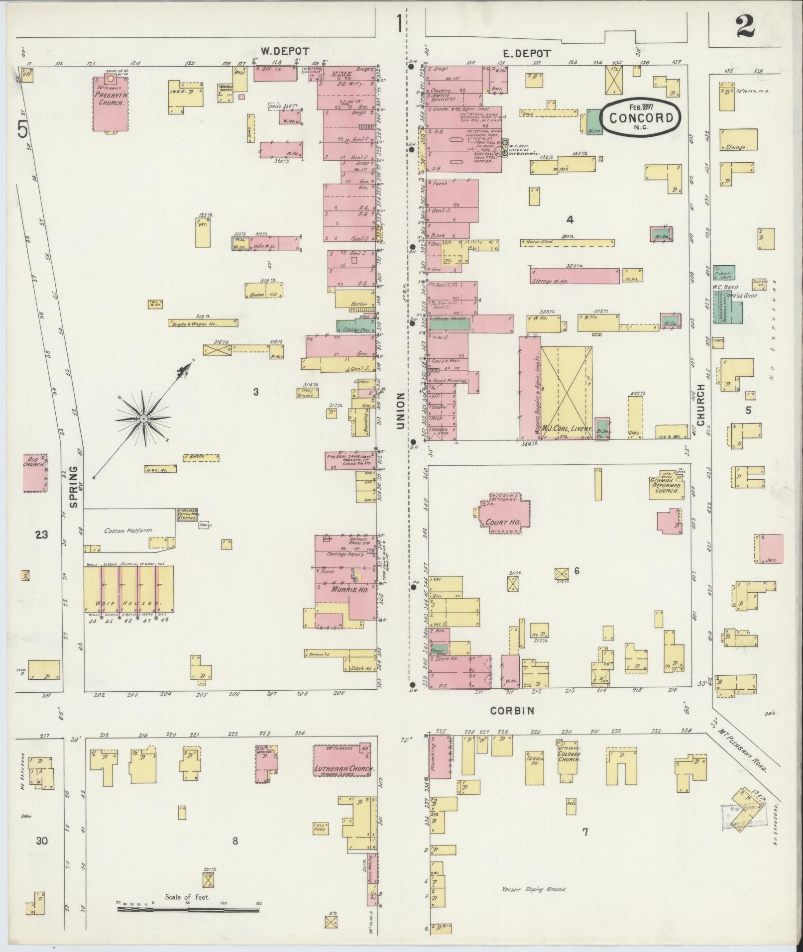 Sanborn Fire Insurance Map from Concord, Cabarrus County, North Carolina (1897), Sheet #0002 - Historic Sanborn Fire Insurance Map Print, vintage old map wall art, antique decor, genealogy gift, North Carolina North Carolina map