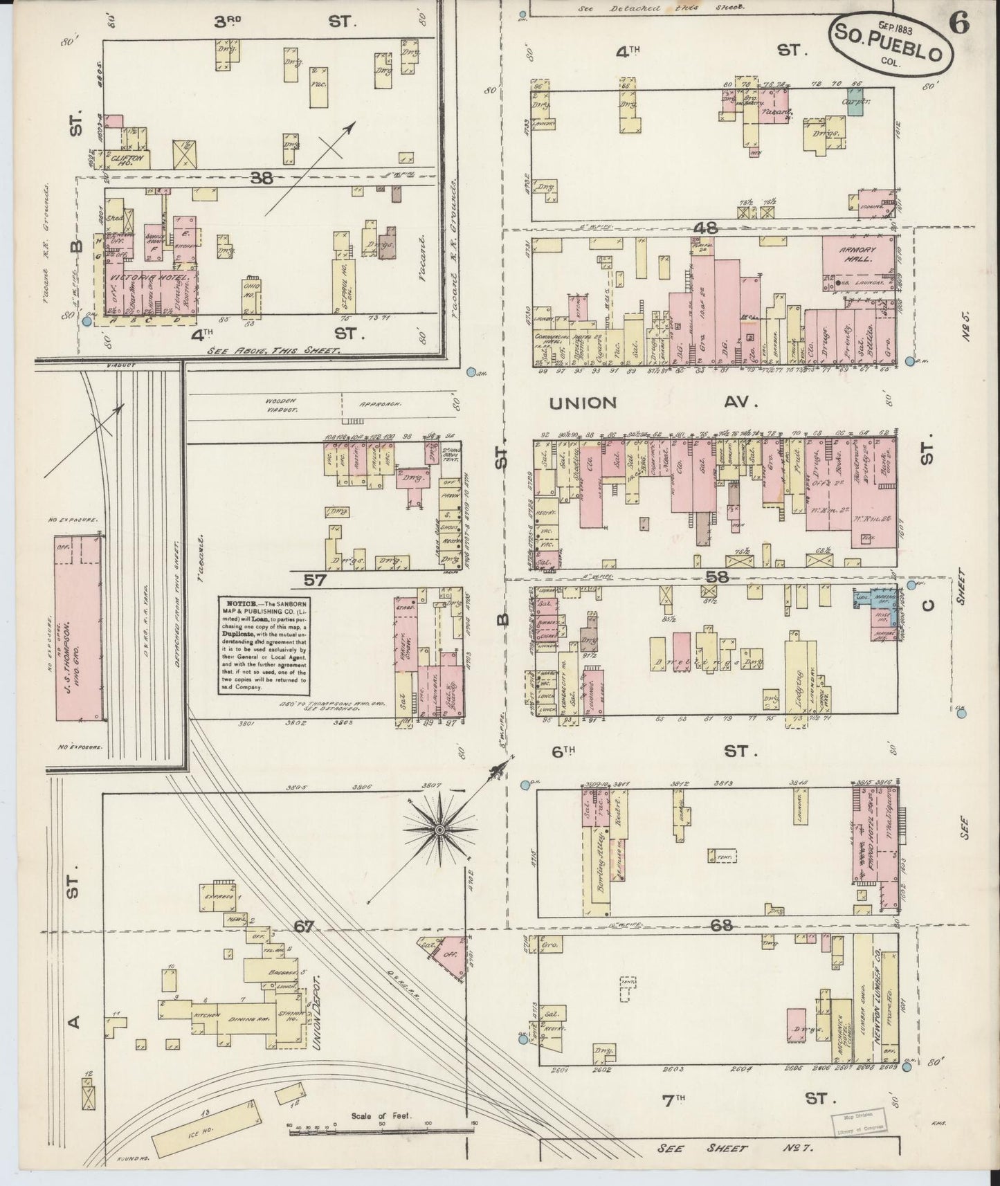 Sanborn Fire Insurance Map from Pueblo, Pueblo County, Colorado (1883), Sheet #0006 - Complete Map Set gallery image, historic Sanborn map, vintage wall art, Colorado Colorado