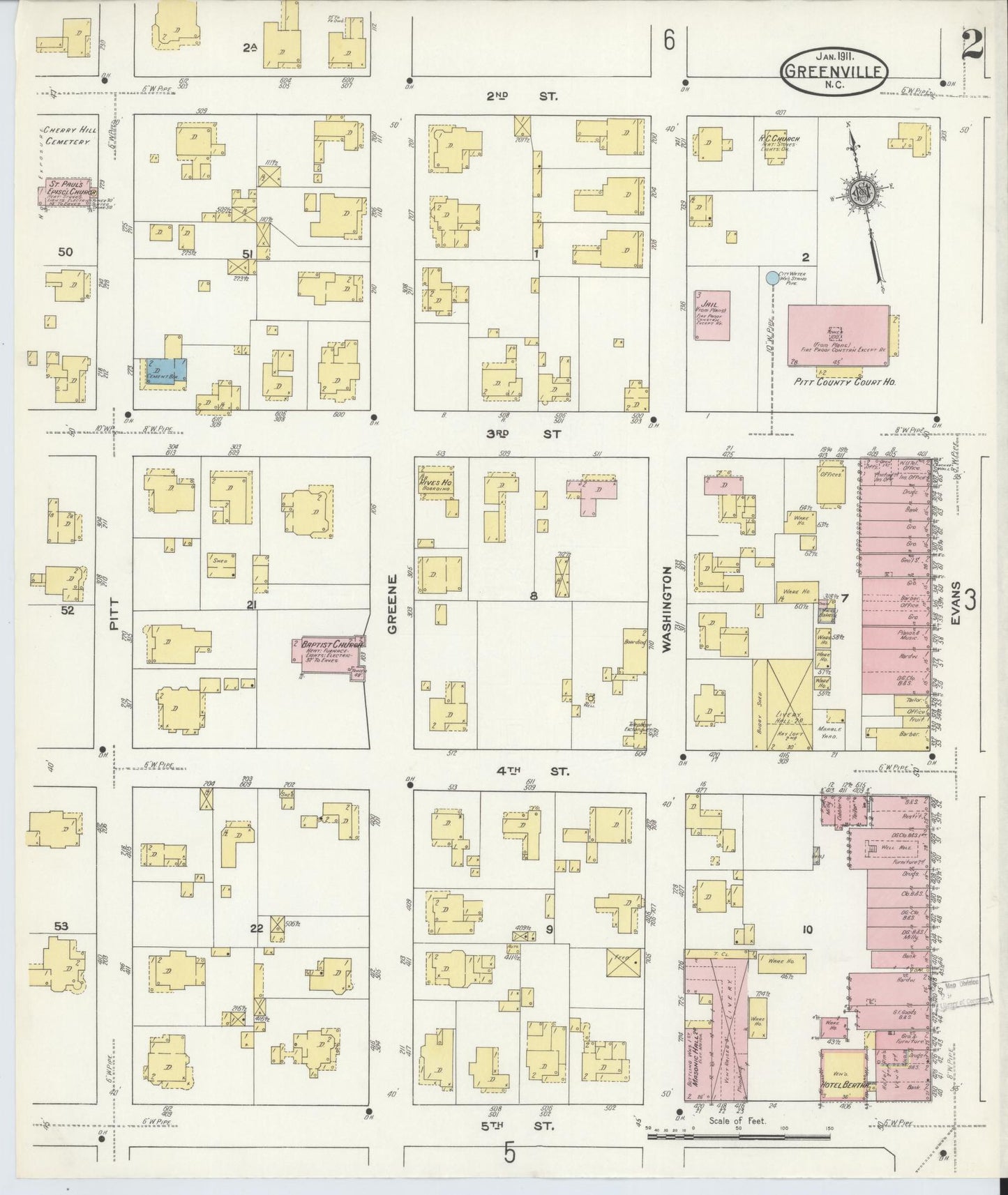 Sanborn Fire Insurance Map from Greenville, Pitt County, North Carolina (1911), Sheet #0002 - Historic Sanborn Fire Insurance Map Print, vintage old map wall art, antique decor, genealogy gift, North Carolina North Carolina map