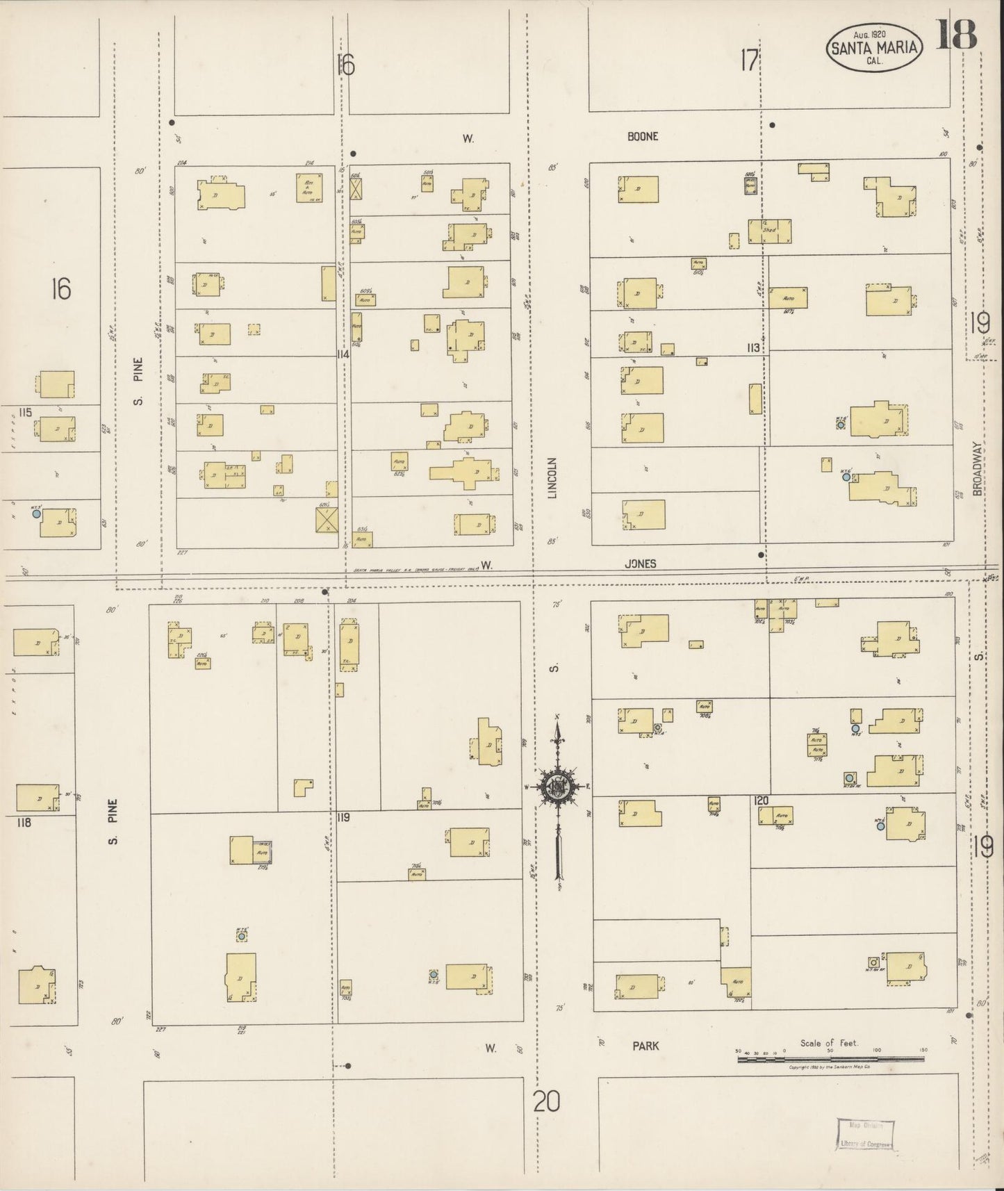 Sanborn Fire Insurance Map from Santa Maria, Santa Barbara County, California (1920), Sheet #0018 - Complete Map Set gallery image, historic Sanborn map, vintage wall art, California California