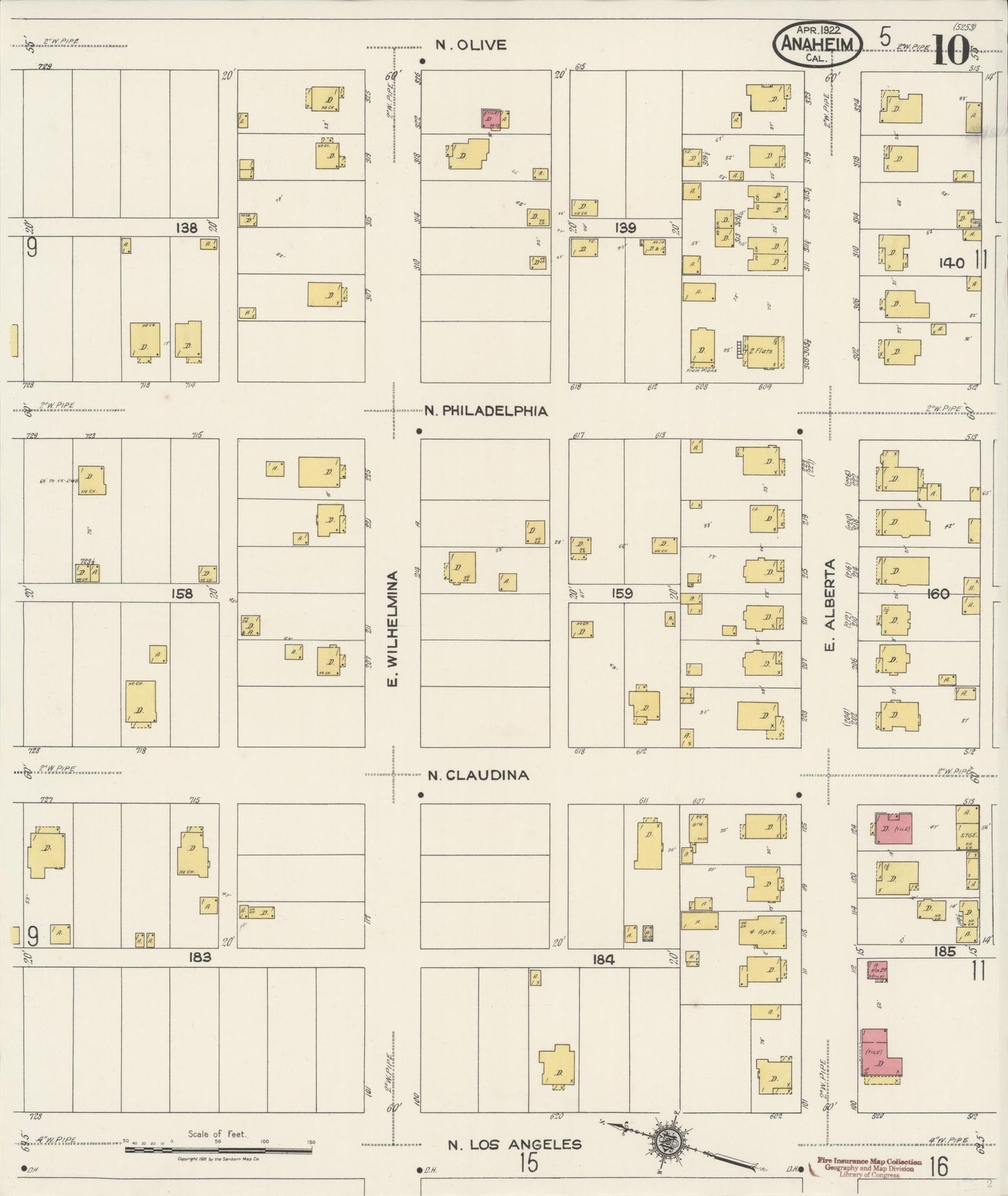 Sanborn Fire Insurance Map from Anaheim, Orange County, California (1922), Sheet #0010 - Historic Sanborn Fire Insurance Map Print, vintage old map wall art, antique decor, genealogy gift, California California map