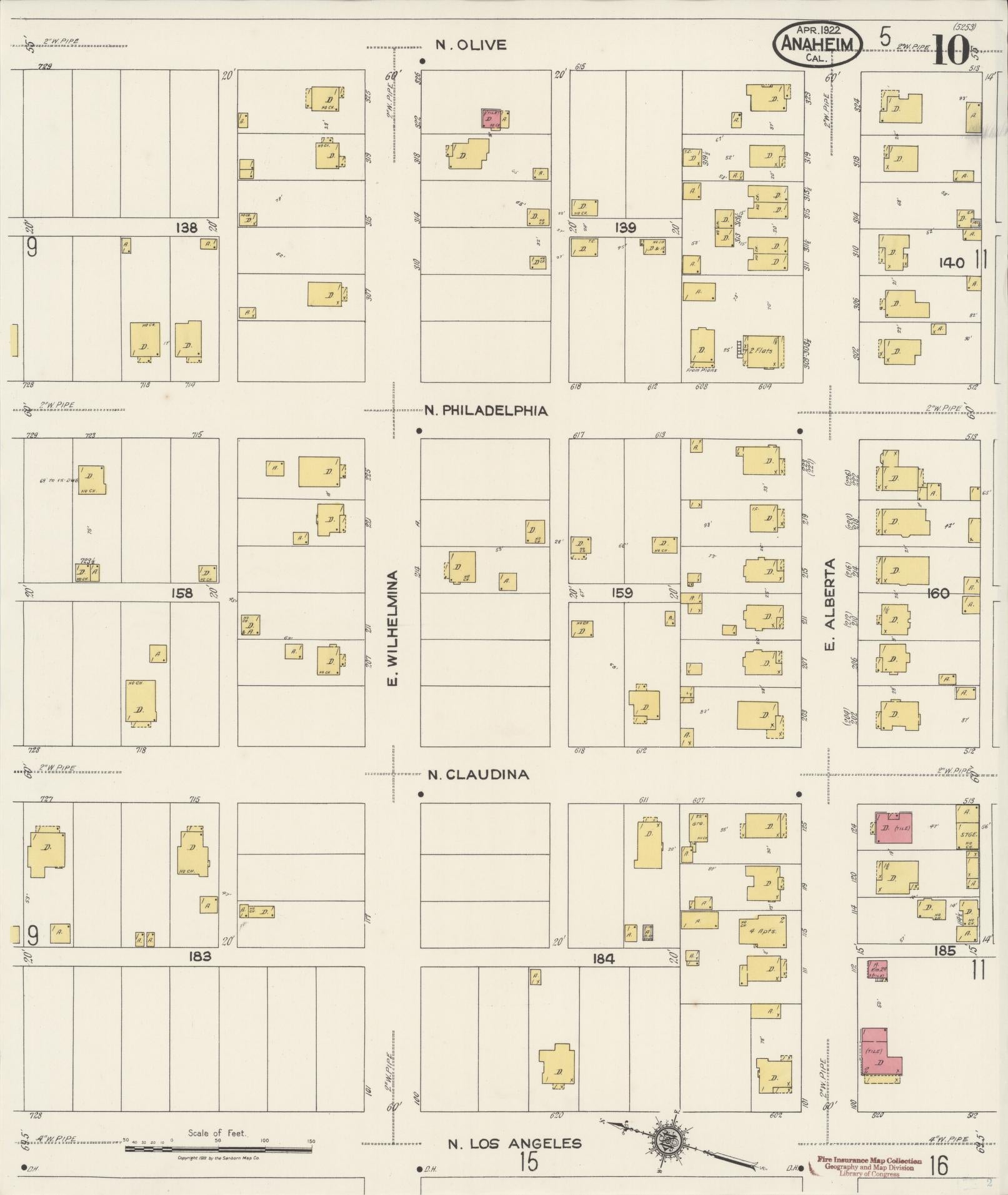 Sanborn Fire Insurance Map from Anaheim, Orange County, California (1922), Sheet #0010 - Historic Sanborn Fire Insurance Map Print, vintage old map wall art, antique decor, genealogy gift, California California map
